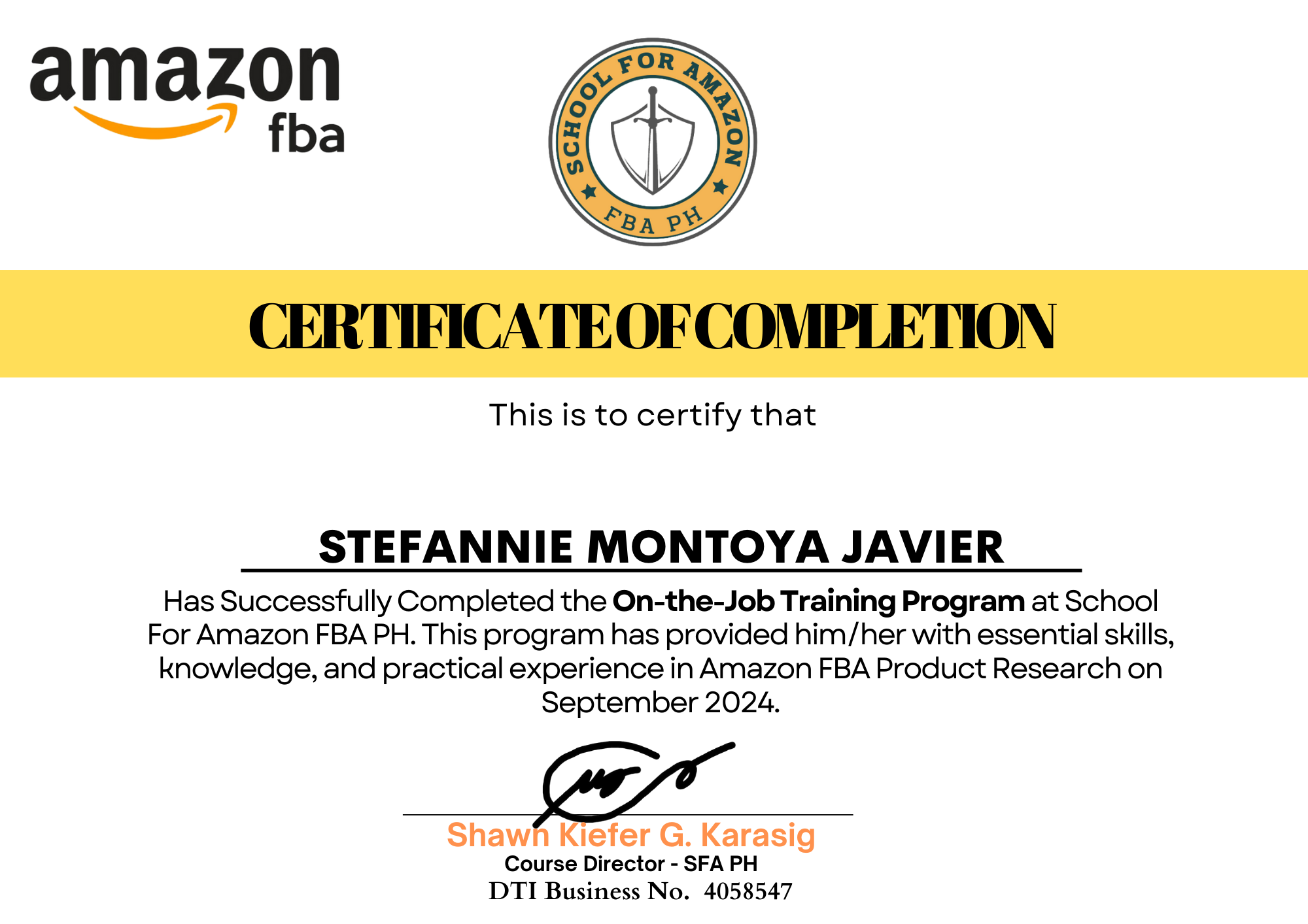 ON THE JOB TRAINING CERTIFICATE