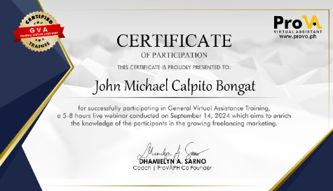 Certificate of participation in General Virtual Assistance Training, PRO VA