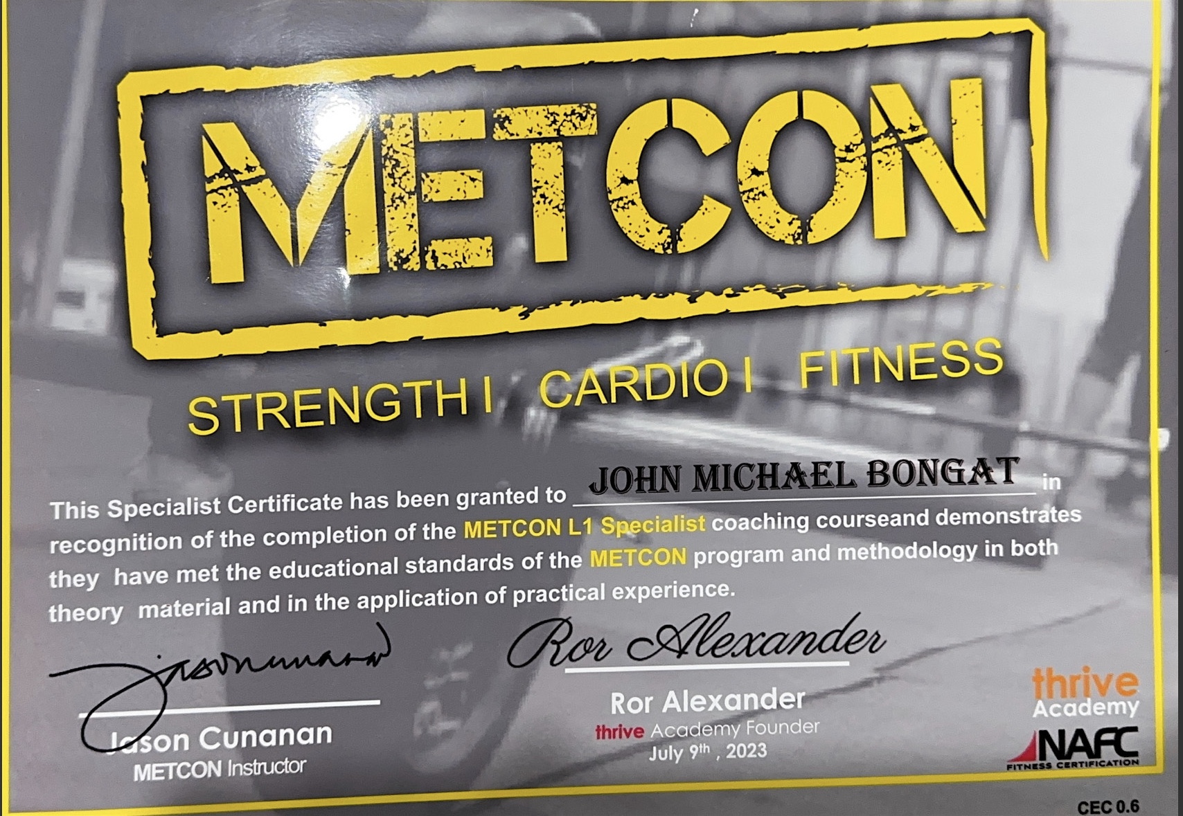 Certified Metcon Specialist, NU Cares Training & Certification, accredited by National Association for Fitness Certification (NAFC) - June 2023