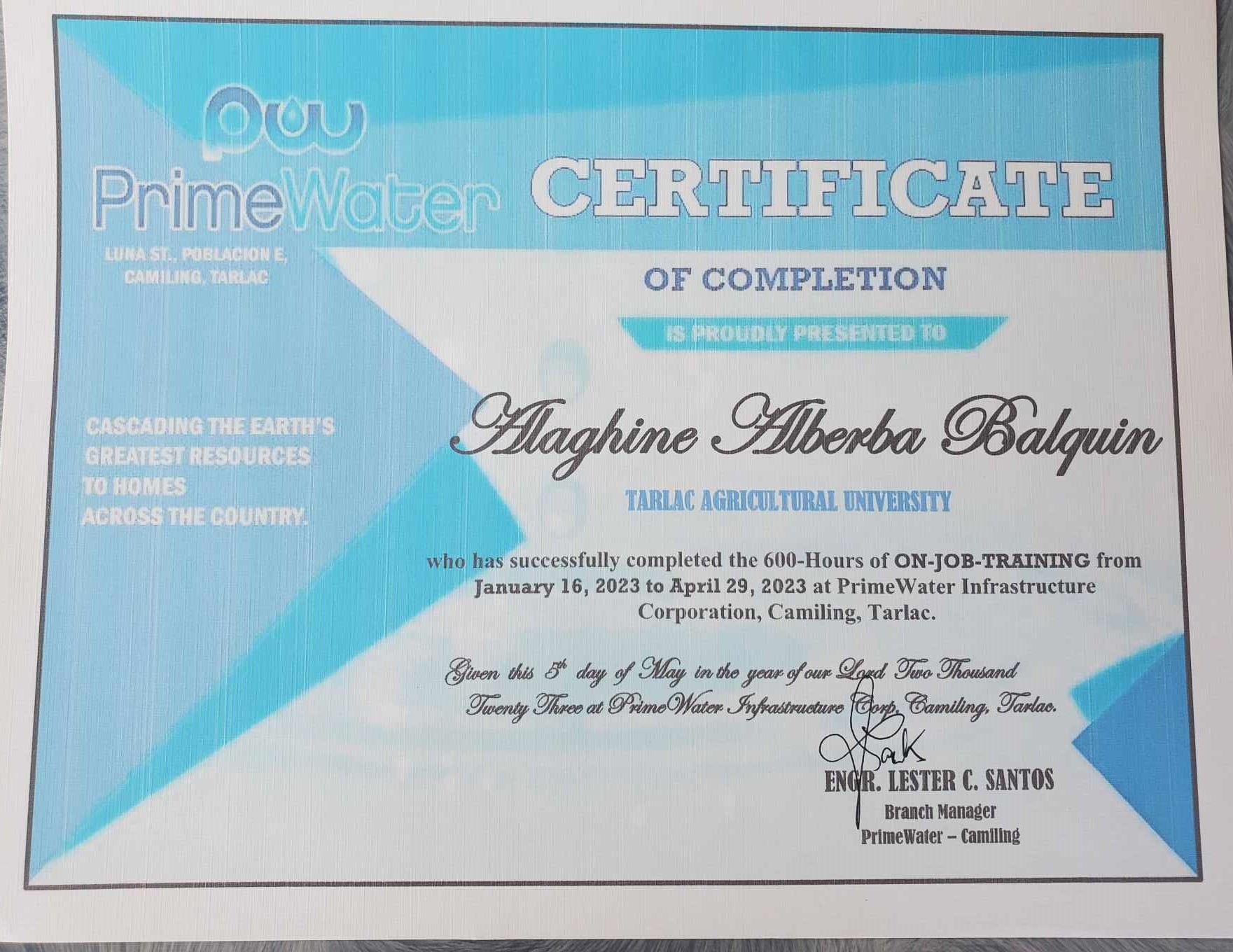 On-the-Job Trainee at PrimeWater Camiling Branch