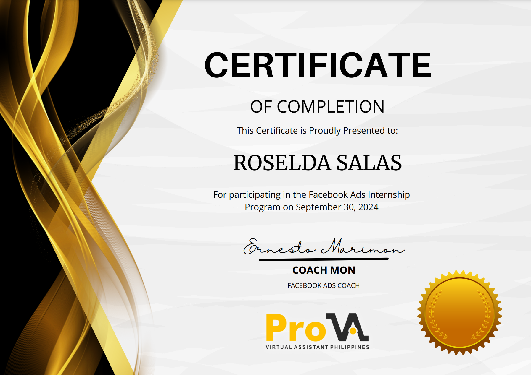 Facebook Ads Internship Certificate