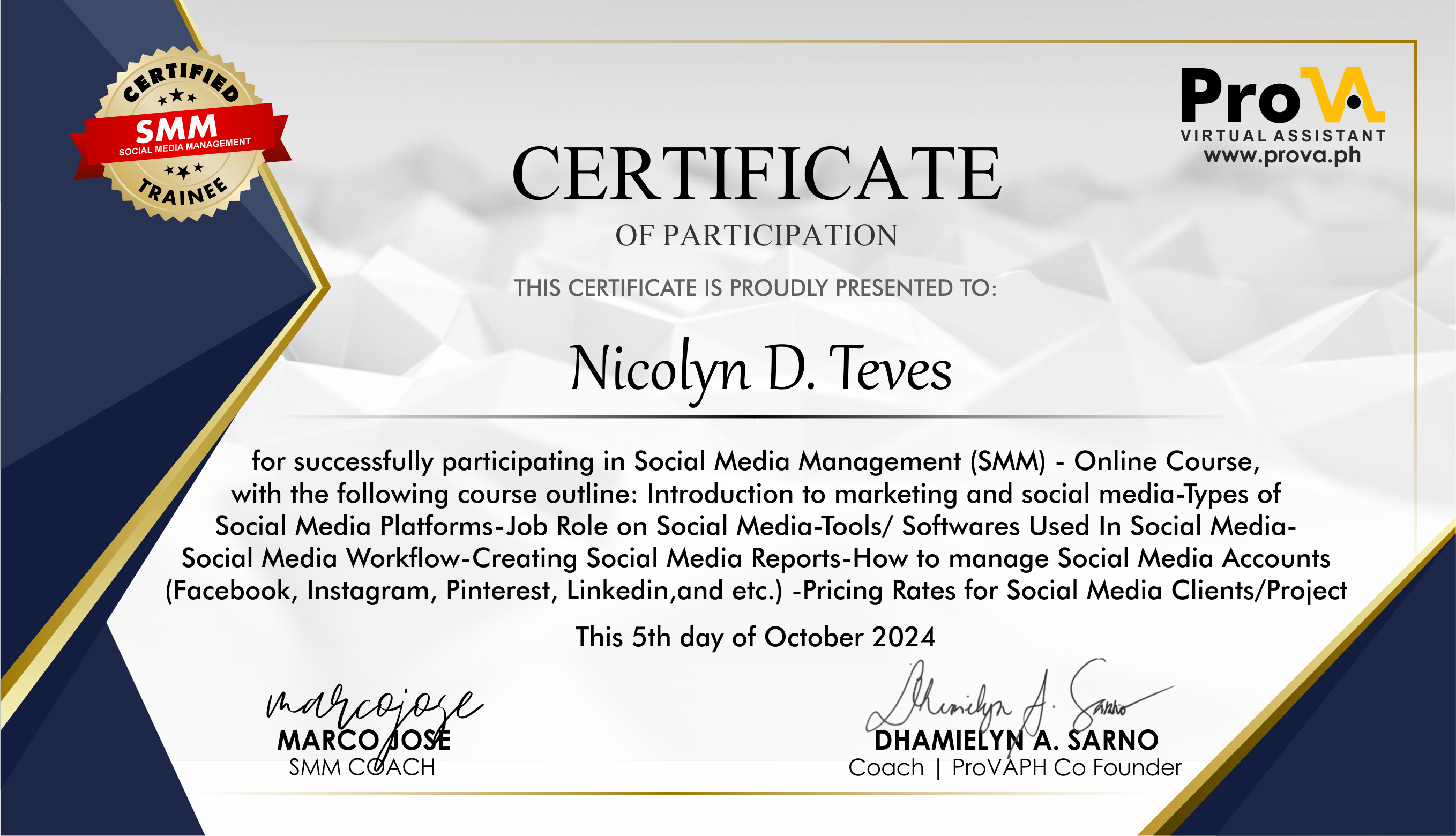 SMM TRAINING CERTIFICATE