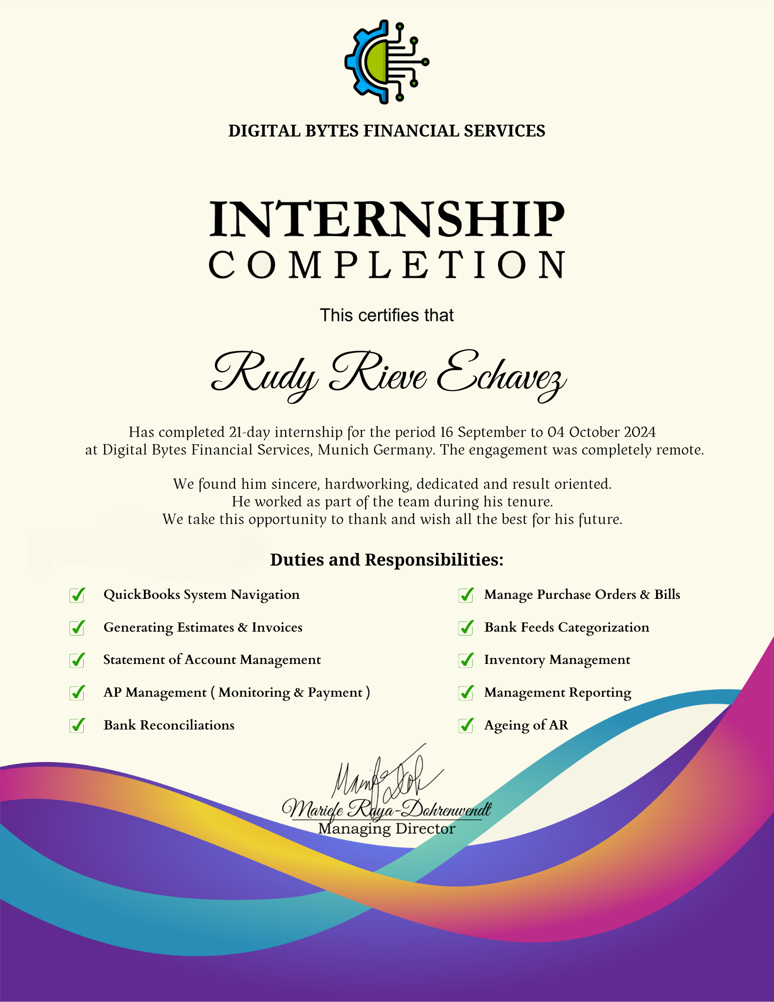 Certificate of Quickbook Online Internship