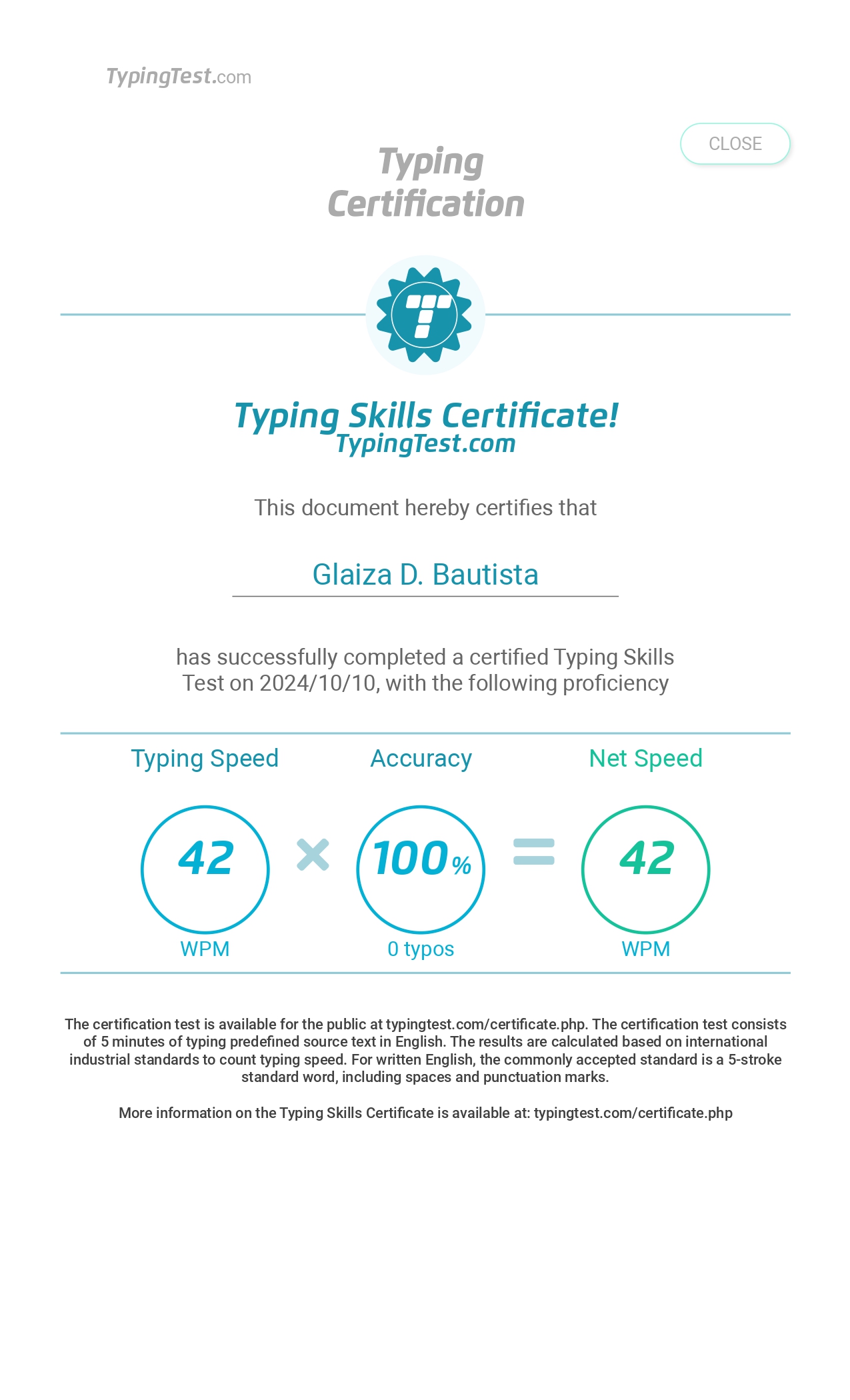 Typing Certificate
