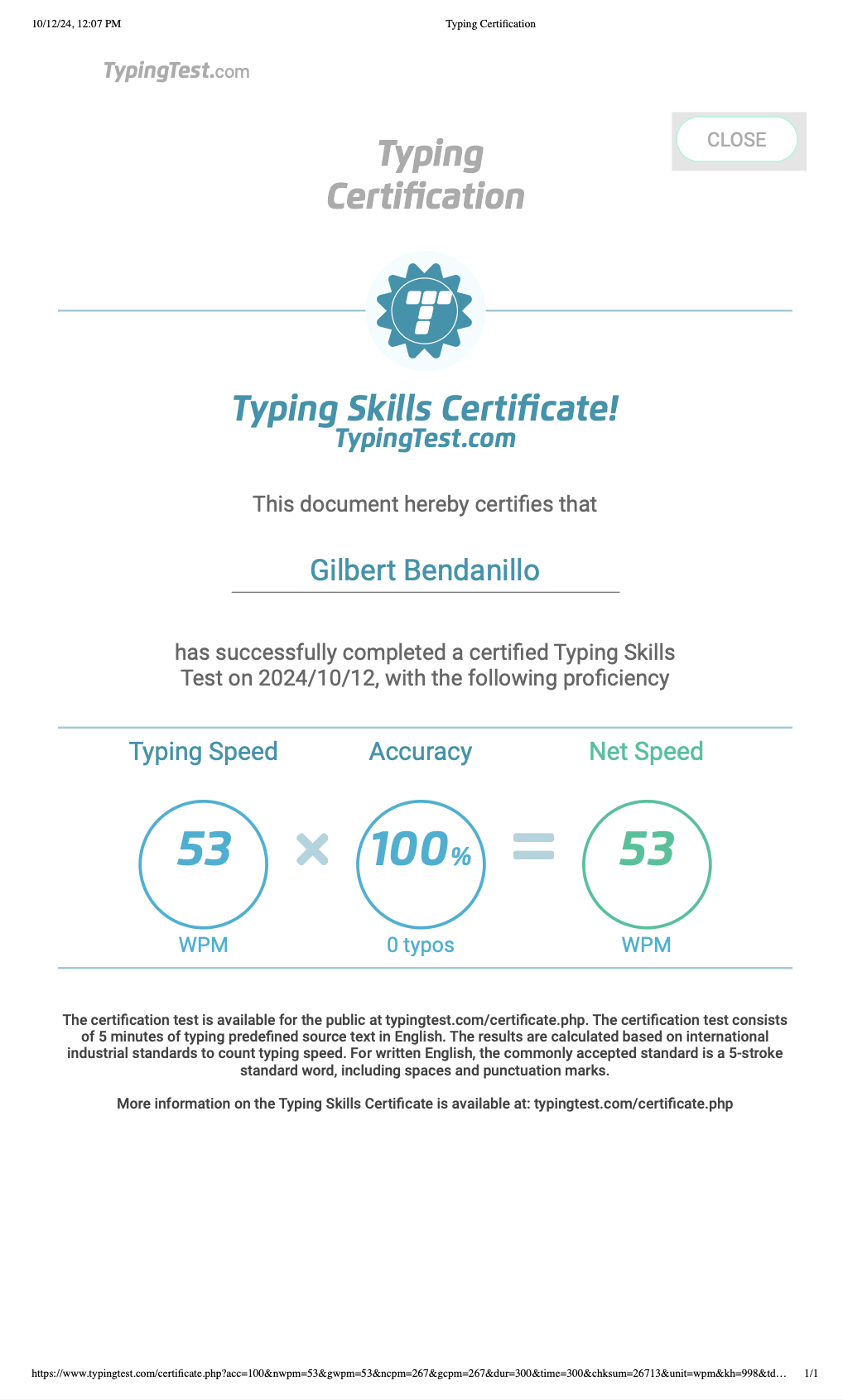 Typing Skills Certificate