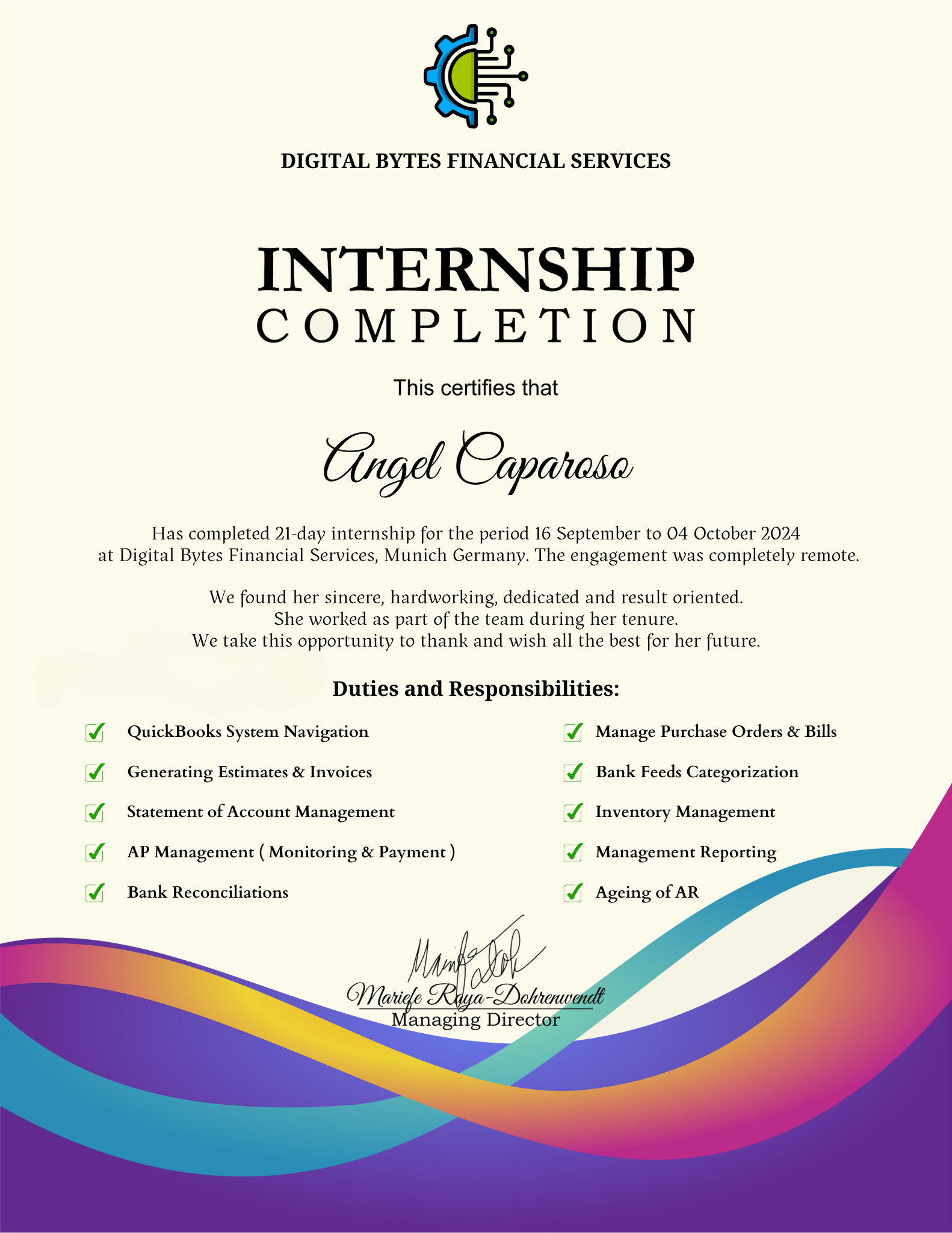 QuickBooks Internship Completion Certificate