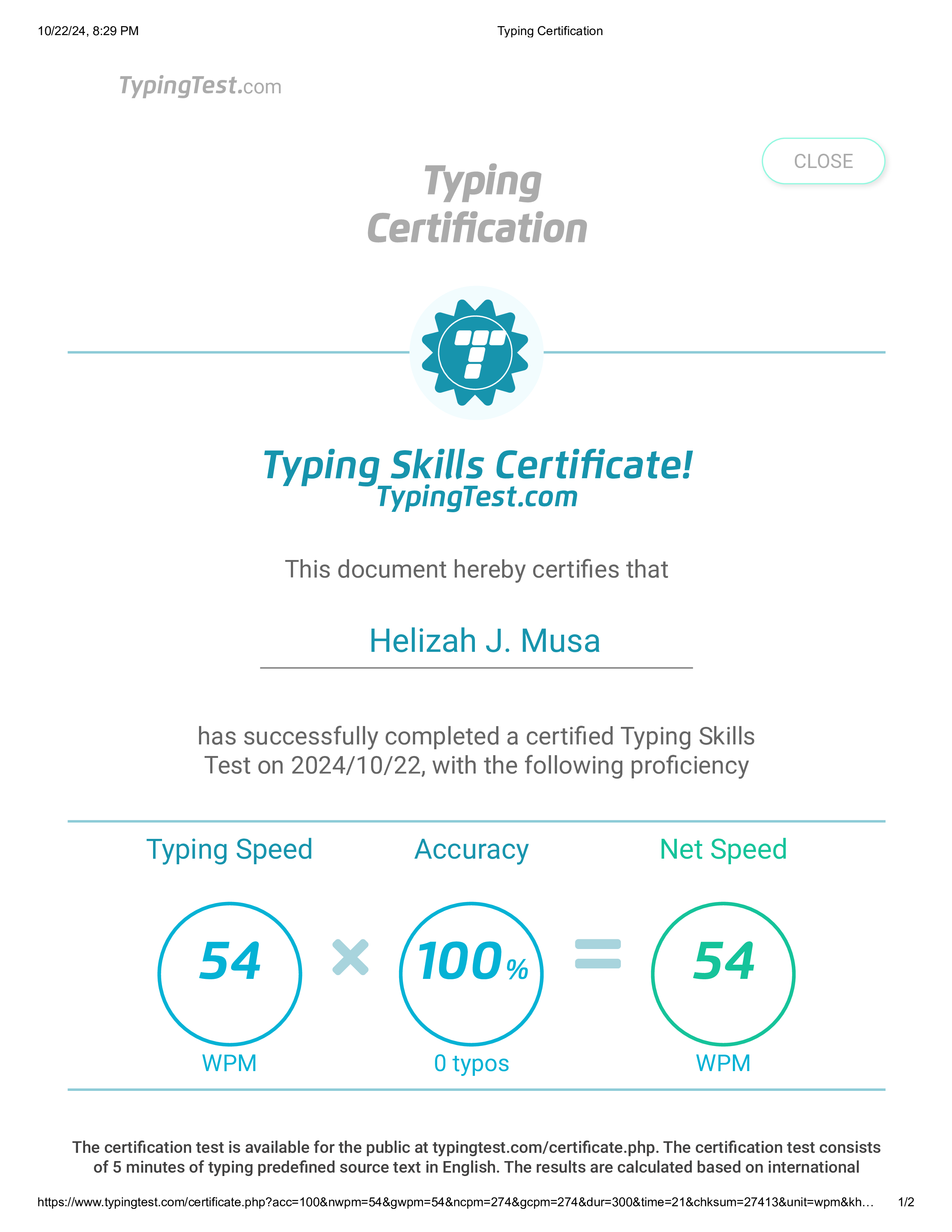 Typing Certification