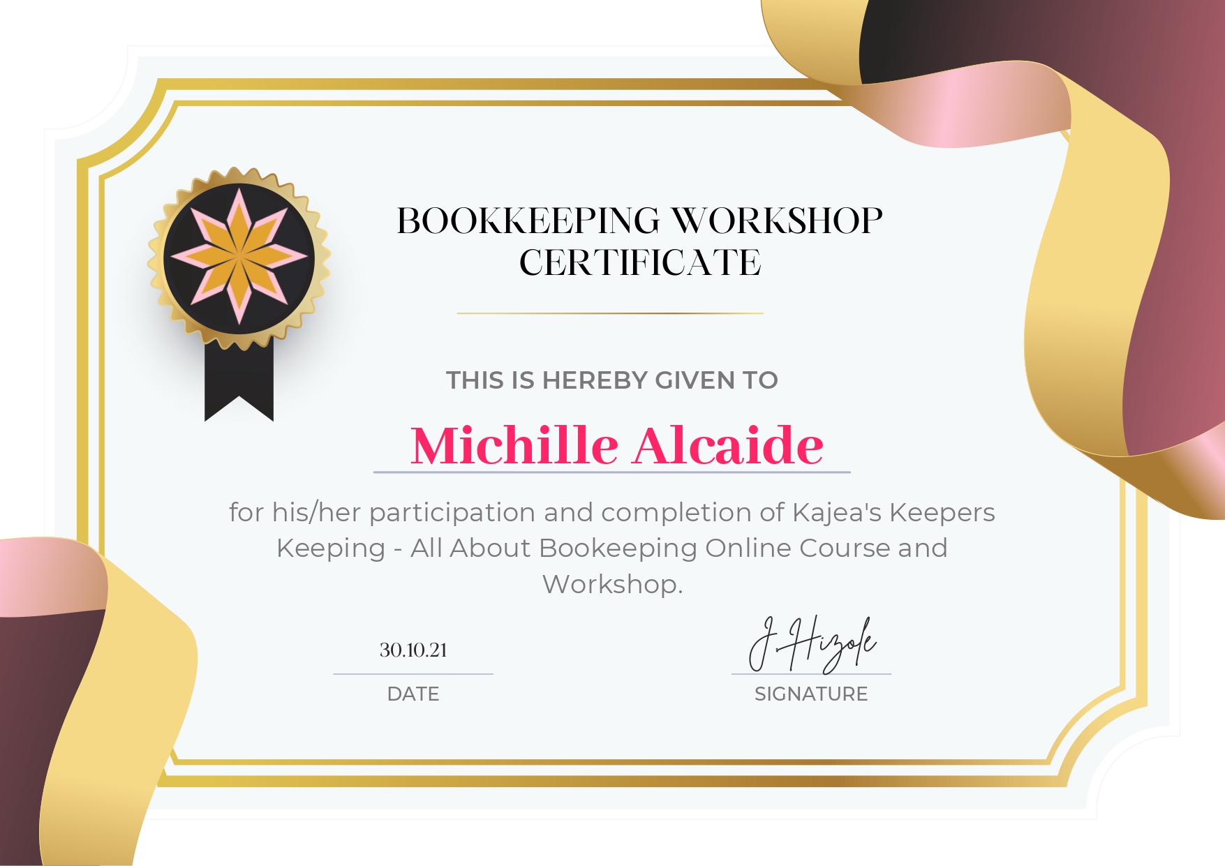 Bookkeeping WorkShop Certificate