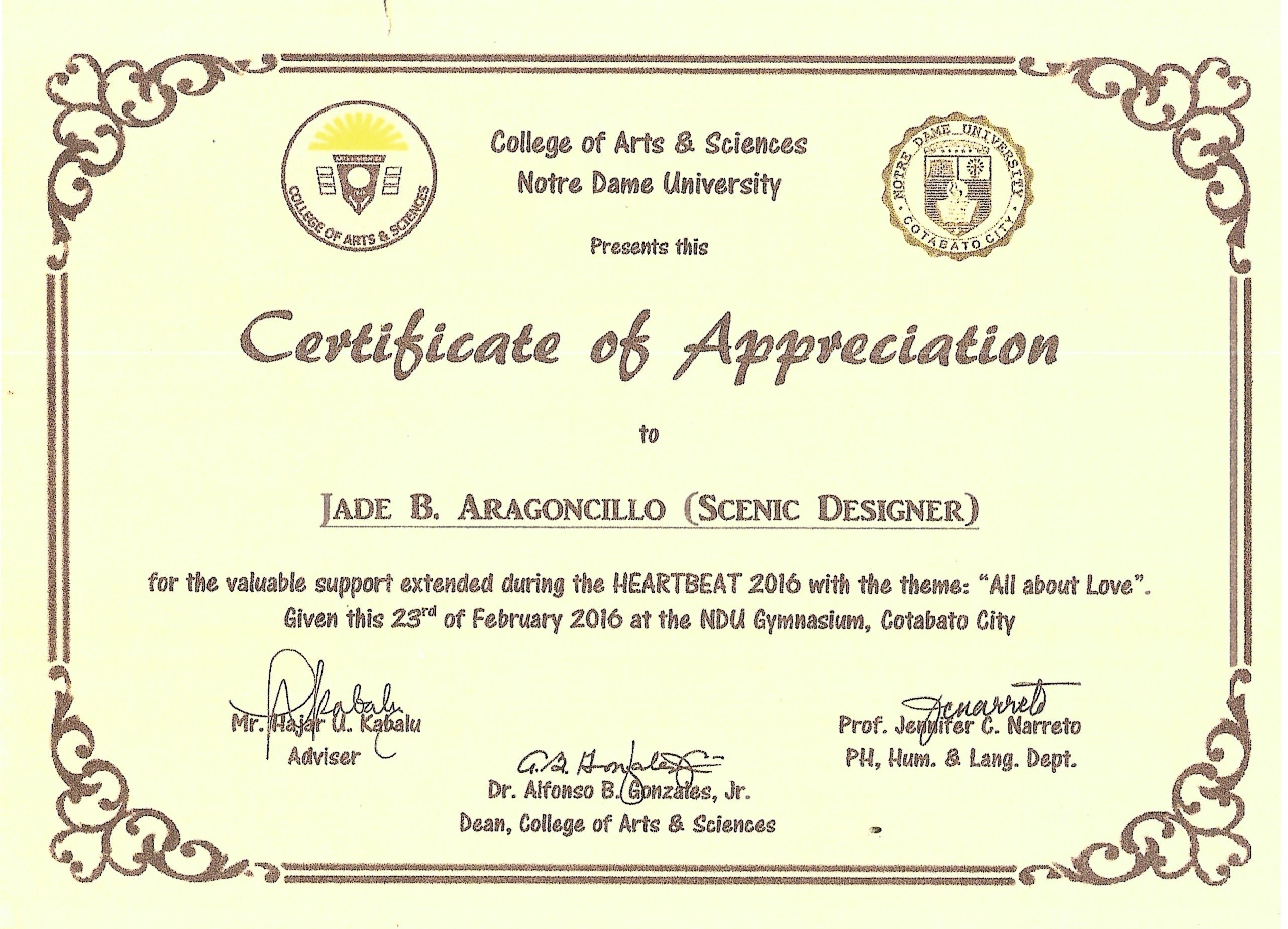 Certificate of Appreciation as Lighting Director and Scenic Designer