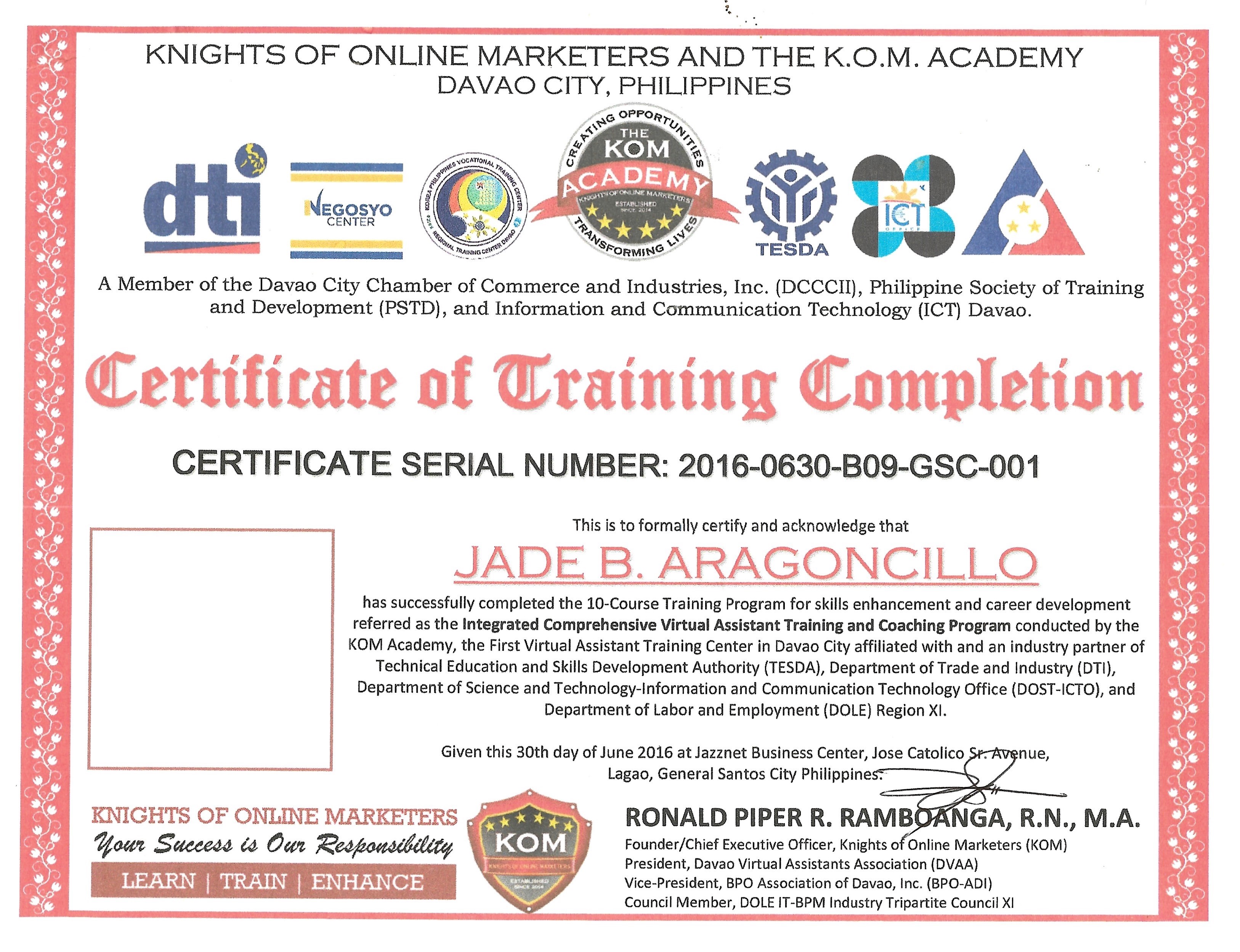 Certificate of Training Completion