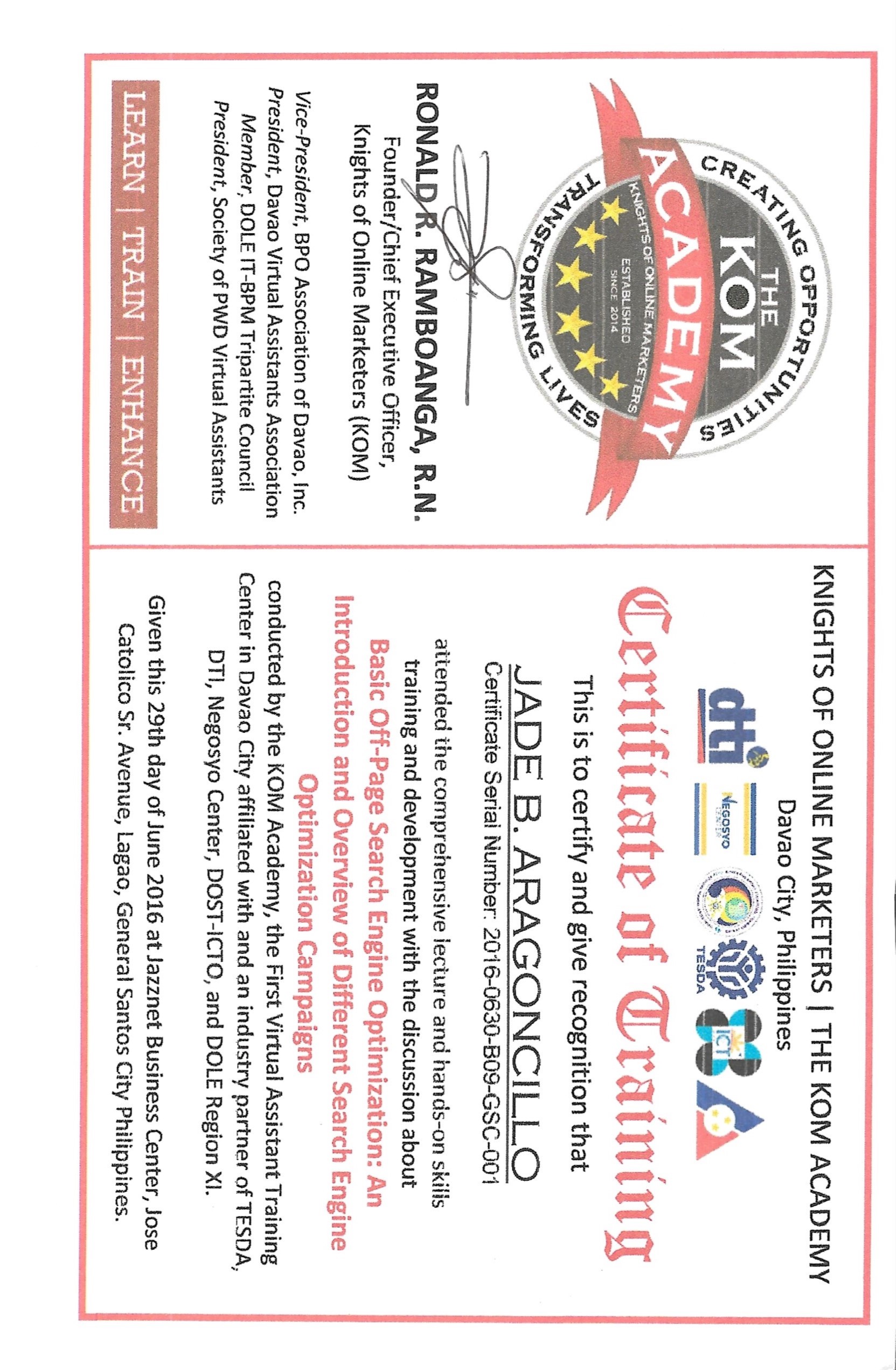 Certificate of Training in Basic Off-Page Search Engine Optimization