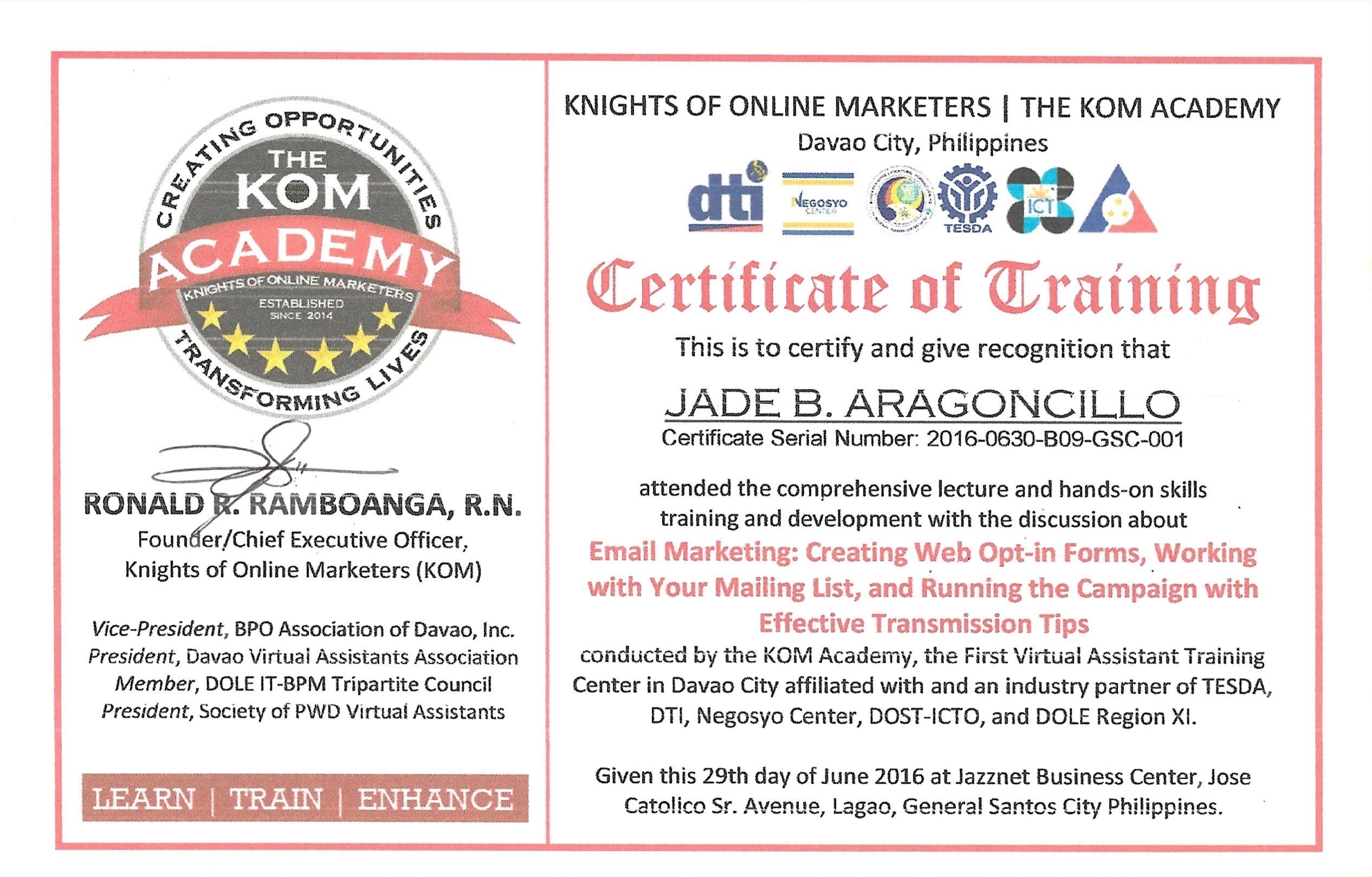 Certificate of Training in Email Marketing