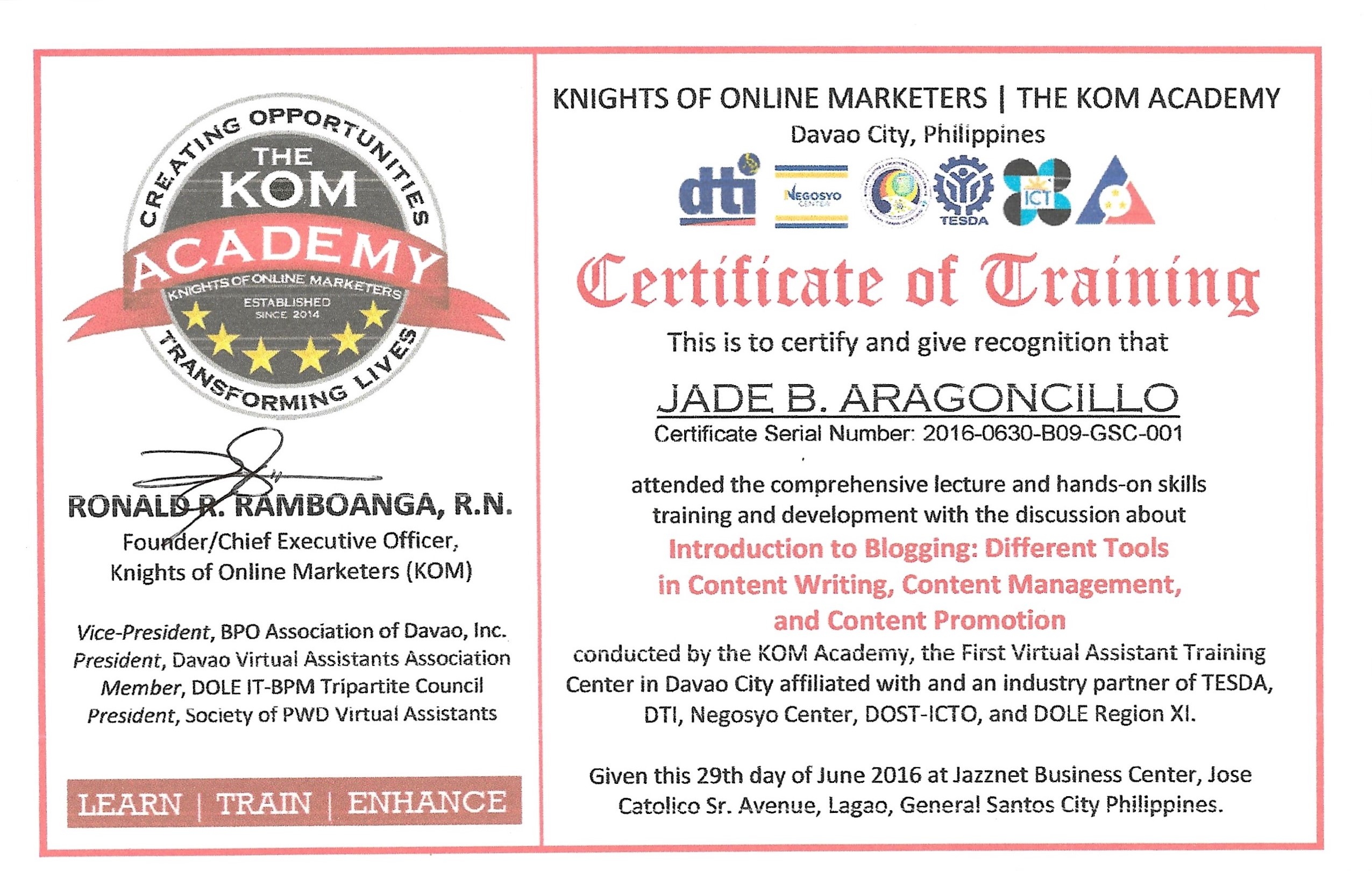 Certificate of Training in Blogging