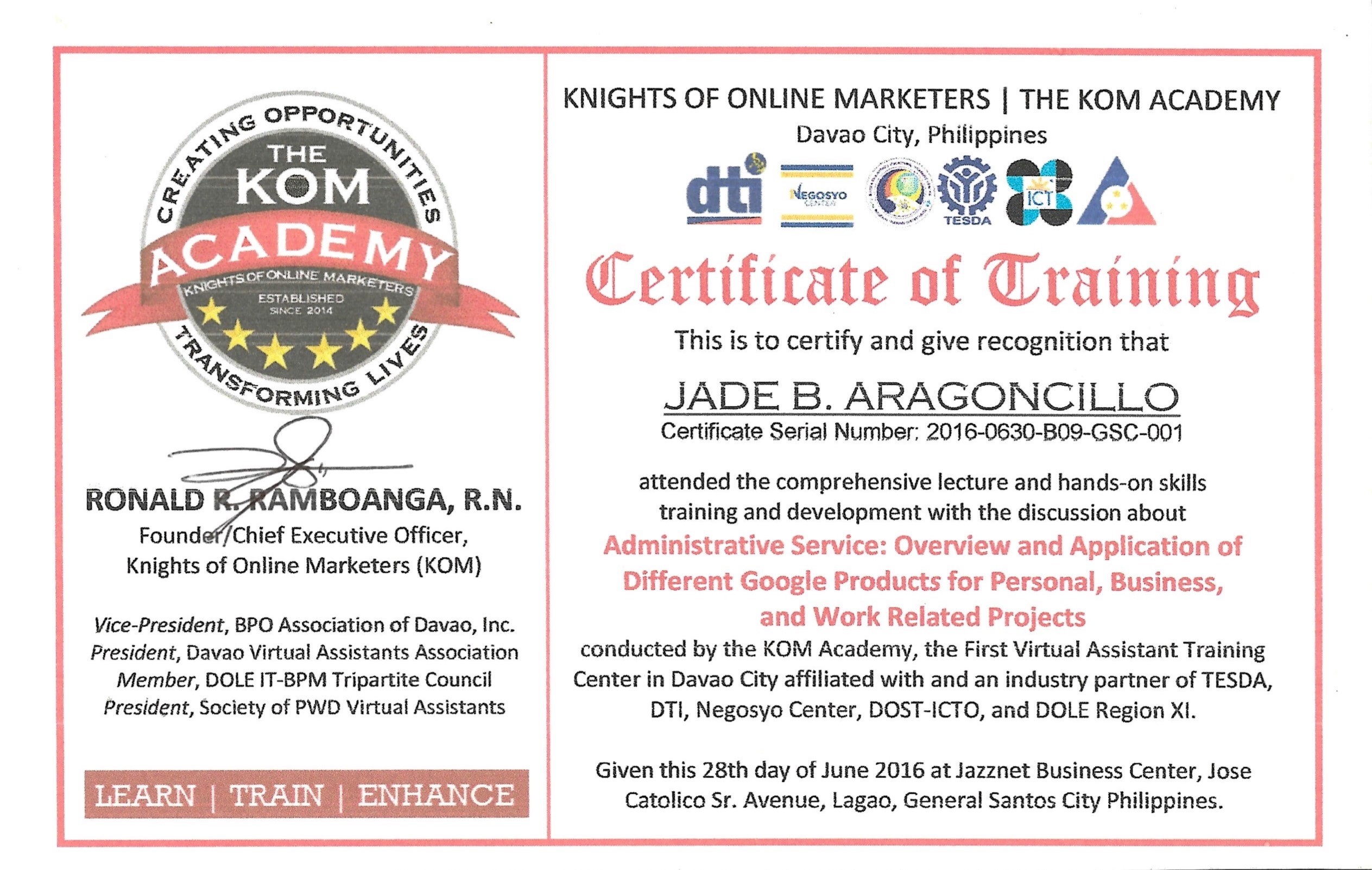 Certificate of Training in Administrative Service: Overview and Application of Google Workspace