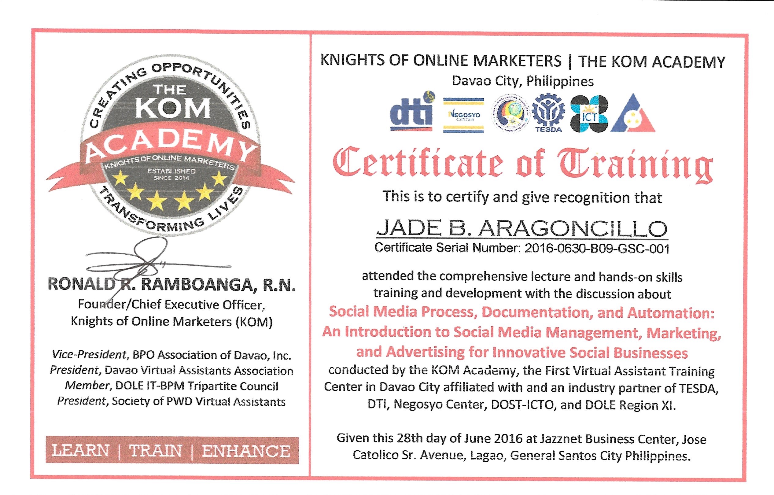 Certificate of Training in Social Media Process, Documentation, and Automation