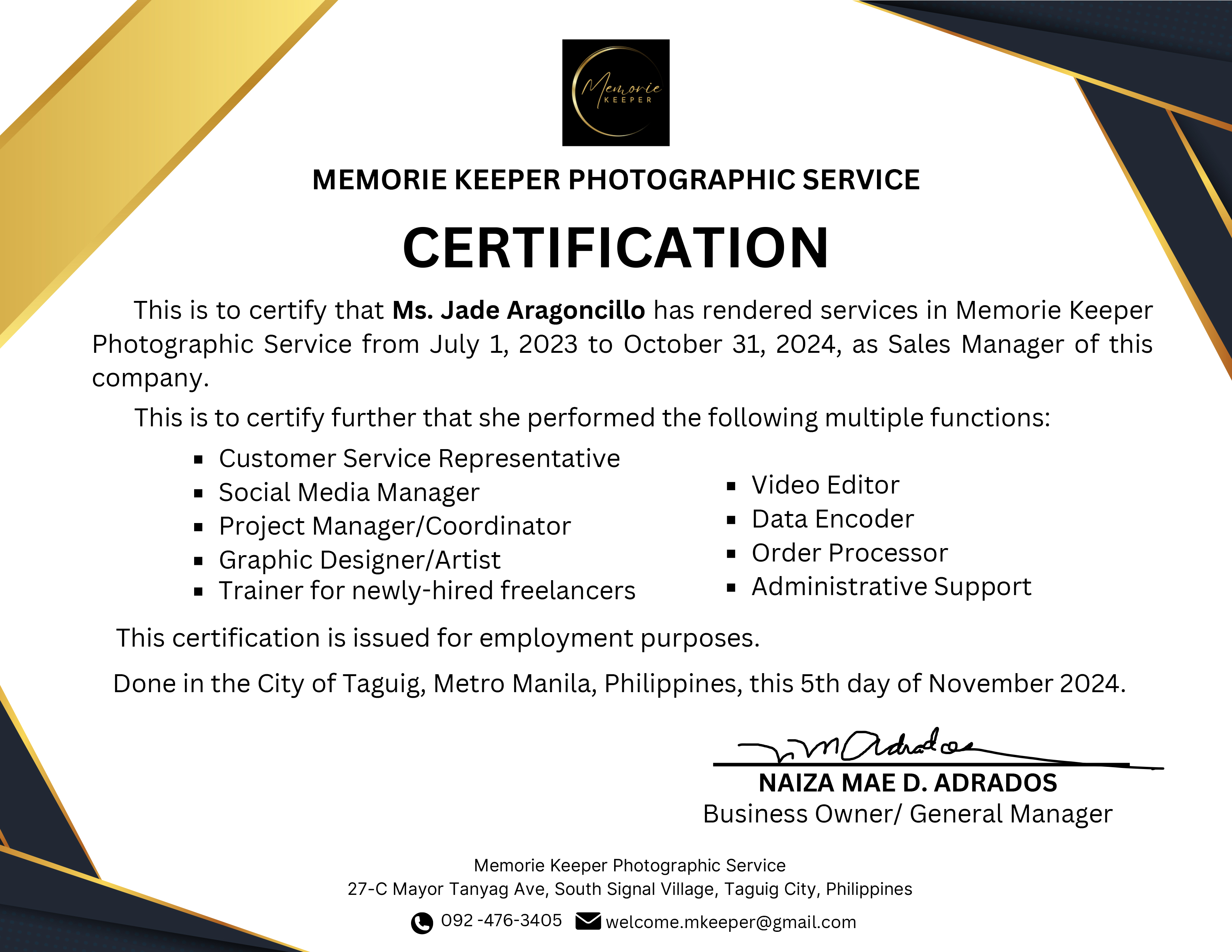 Certification for Sales Manager Position at Memorie Keeper