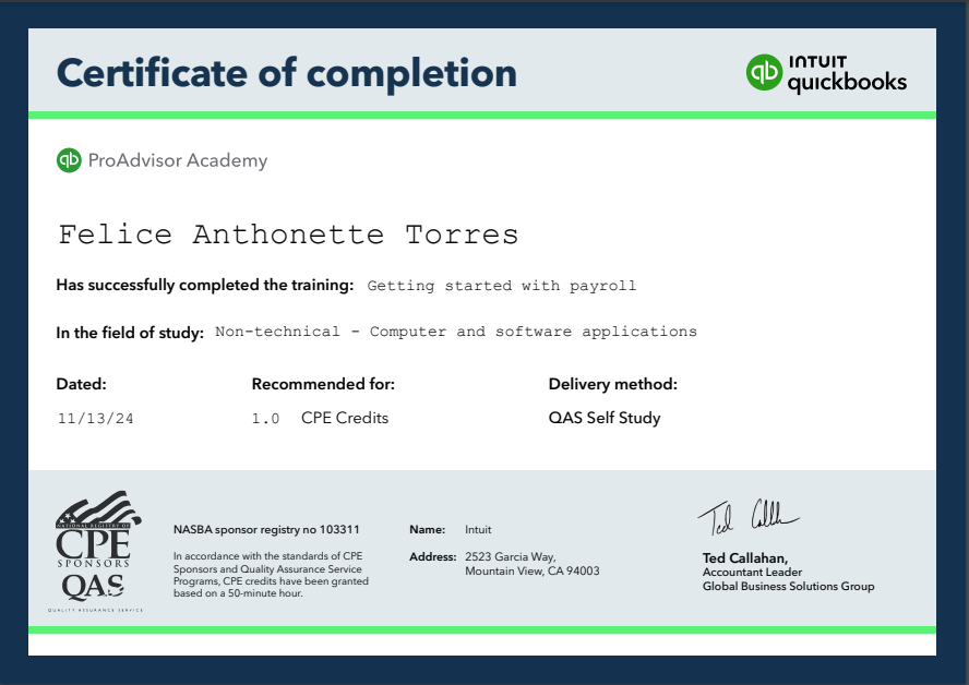 Certificate of Completion(Intuit)- Getting started with payroll: 1.0 CPE Credit