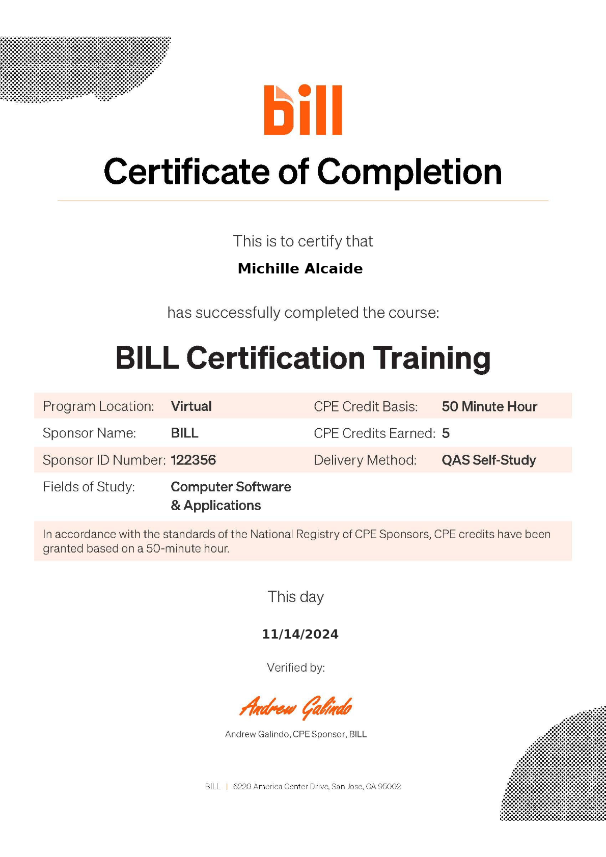 Bill Certification Training