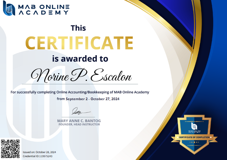 Certificate for Online Accounting Bookkeeping