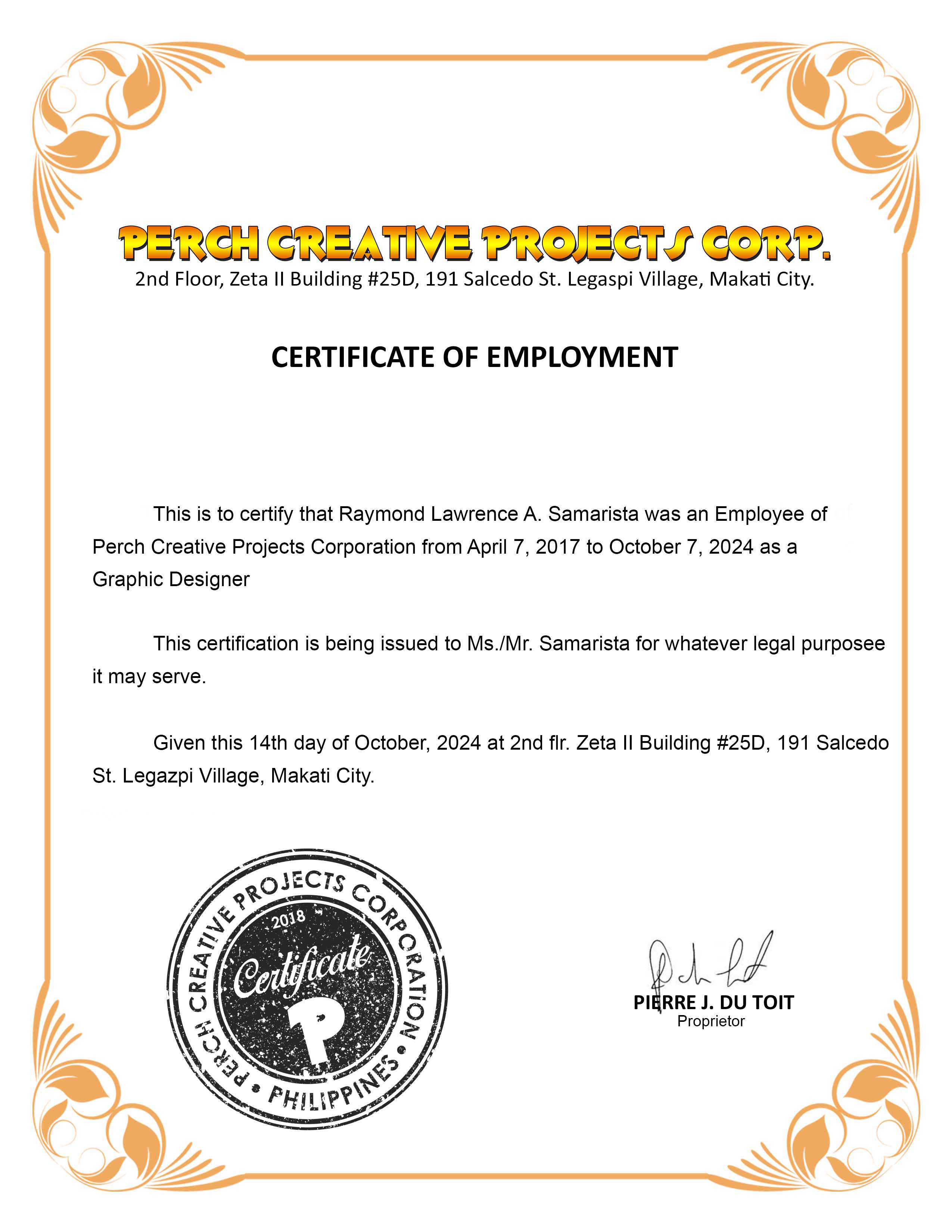 PCPC Certificate of Employment 2025