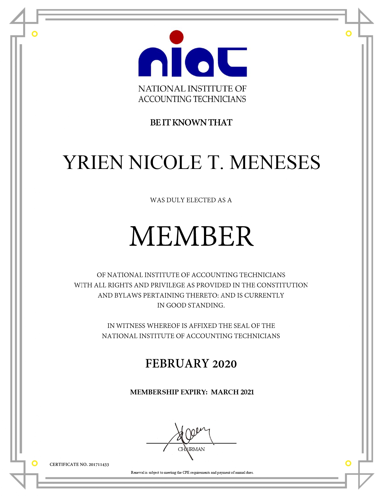 NIAT MEMBERSHIP CERTIFICATE