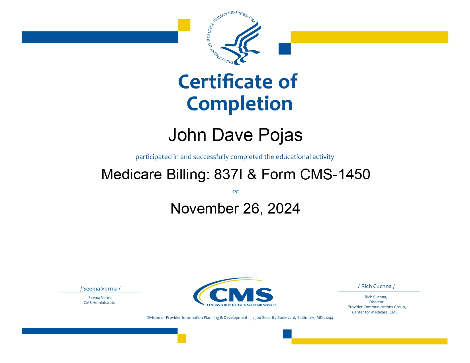 Medicare Billing 837I & Form CMS-1450 Cert.