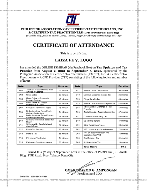 Philippine Tax Technician Certificate