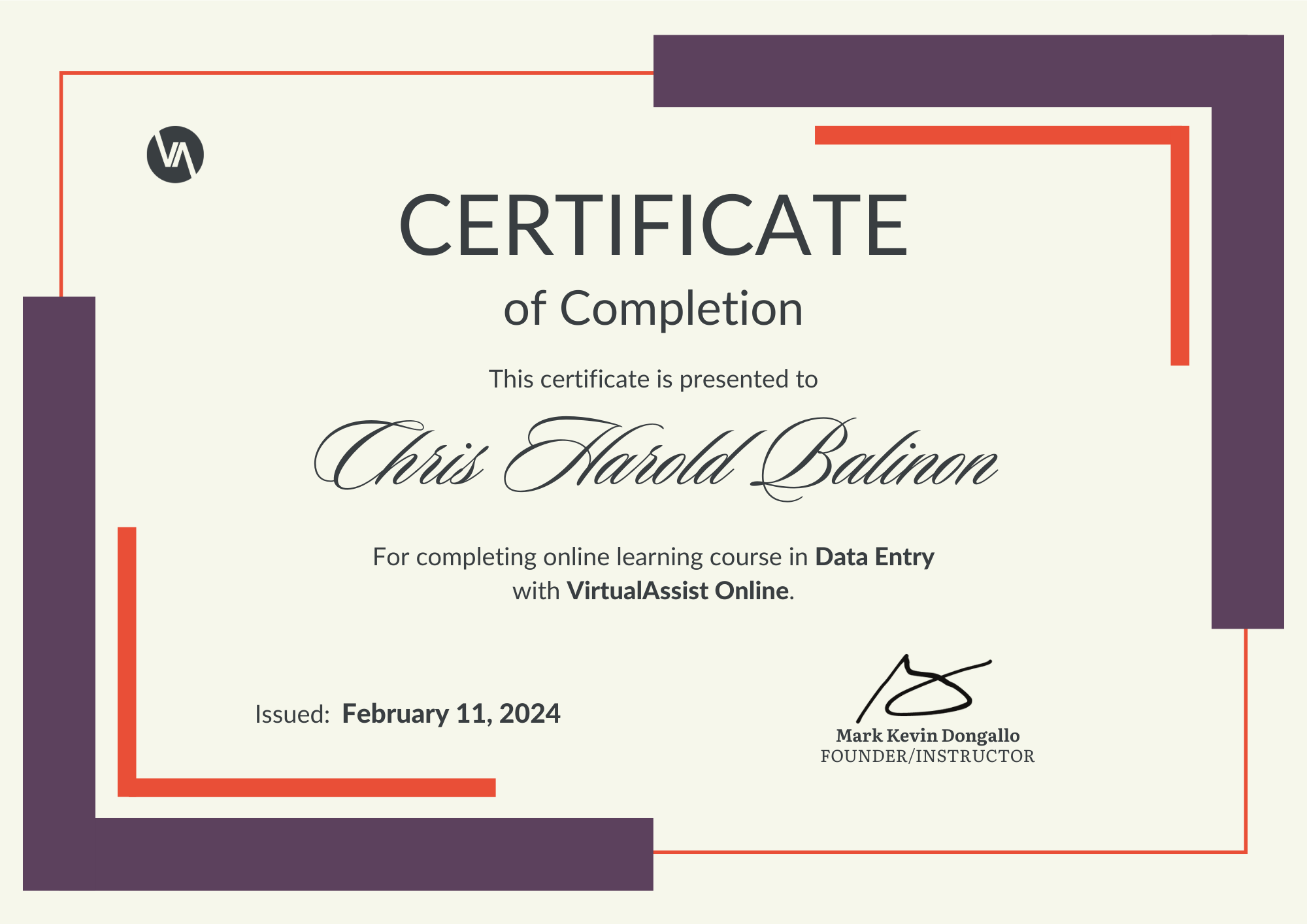 Data Entry Certificate