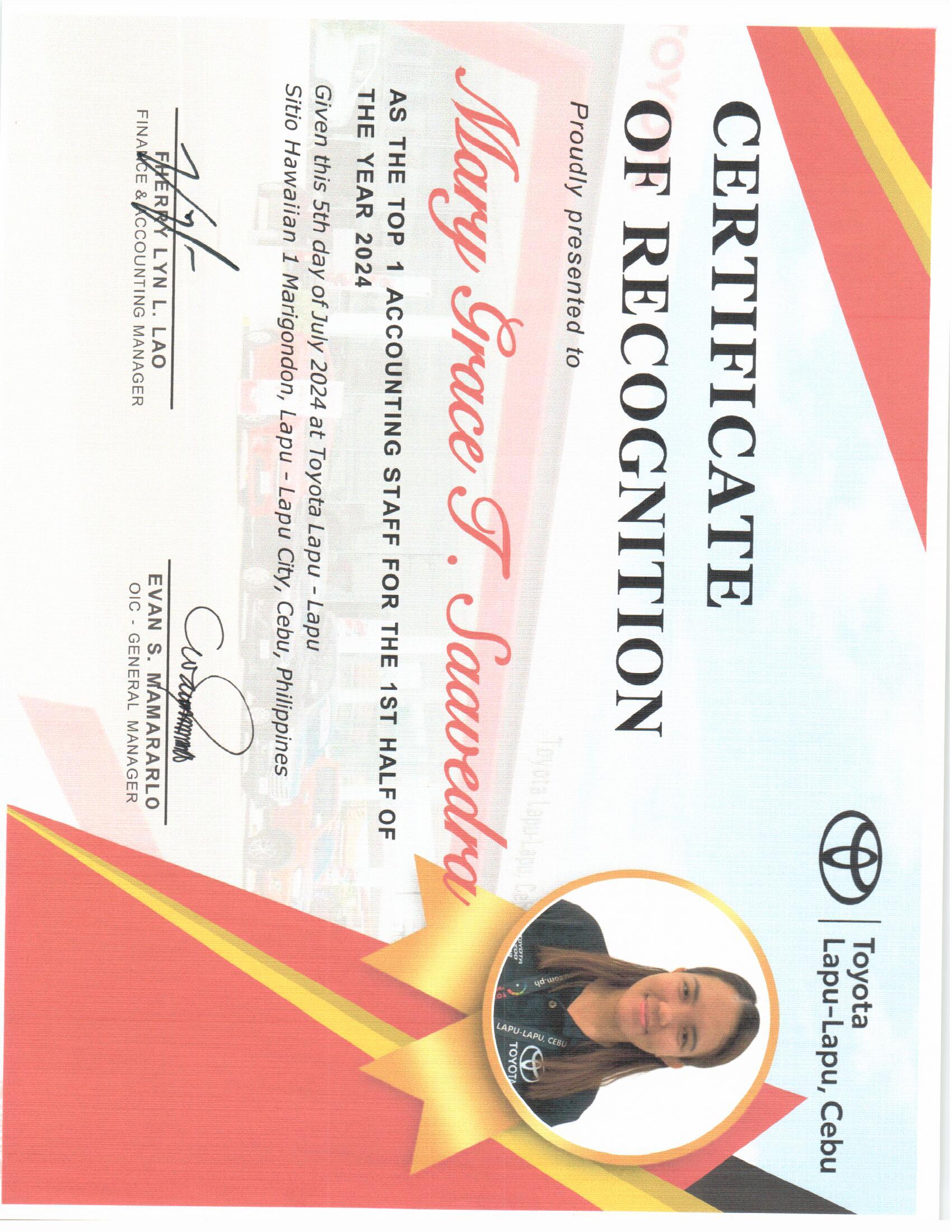 CERTIFICATE OF RECOGNITION