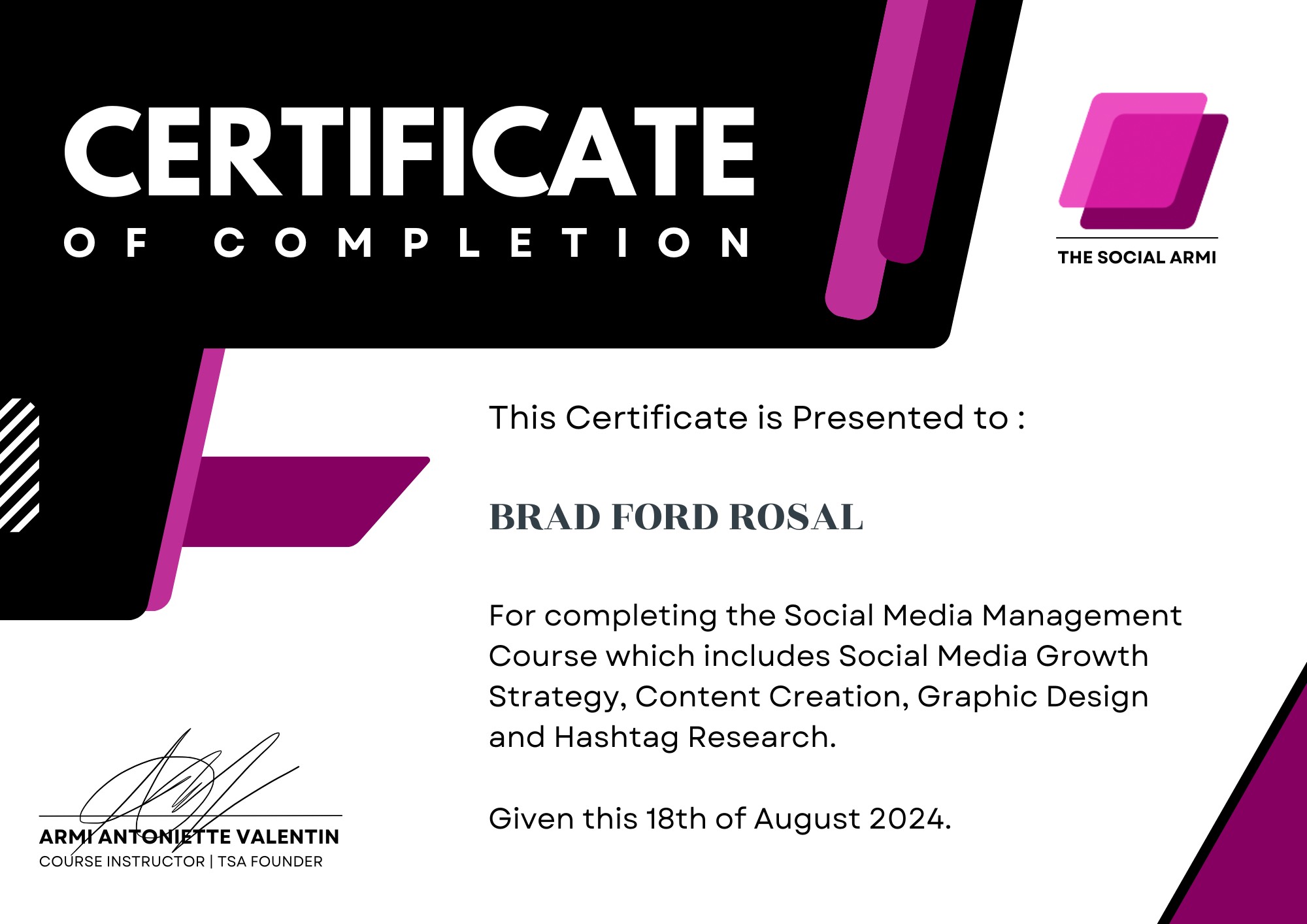 Certificate of Completion - Social Media Management Training