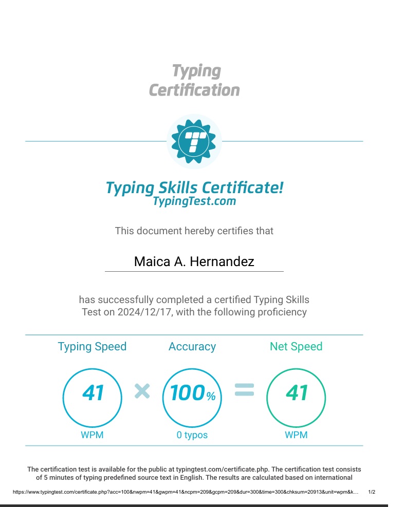 Typing Certificate