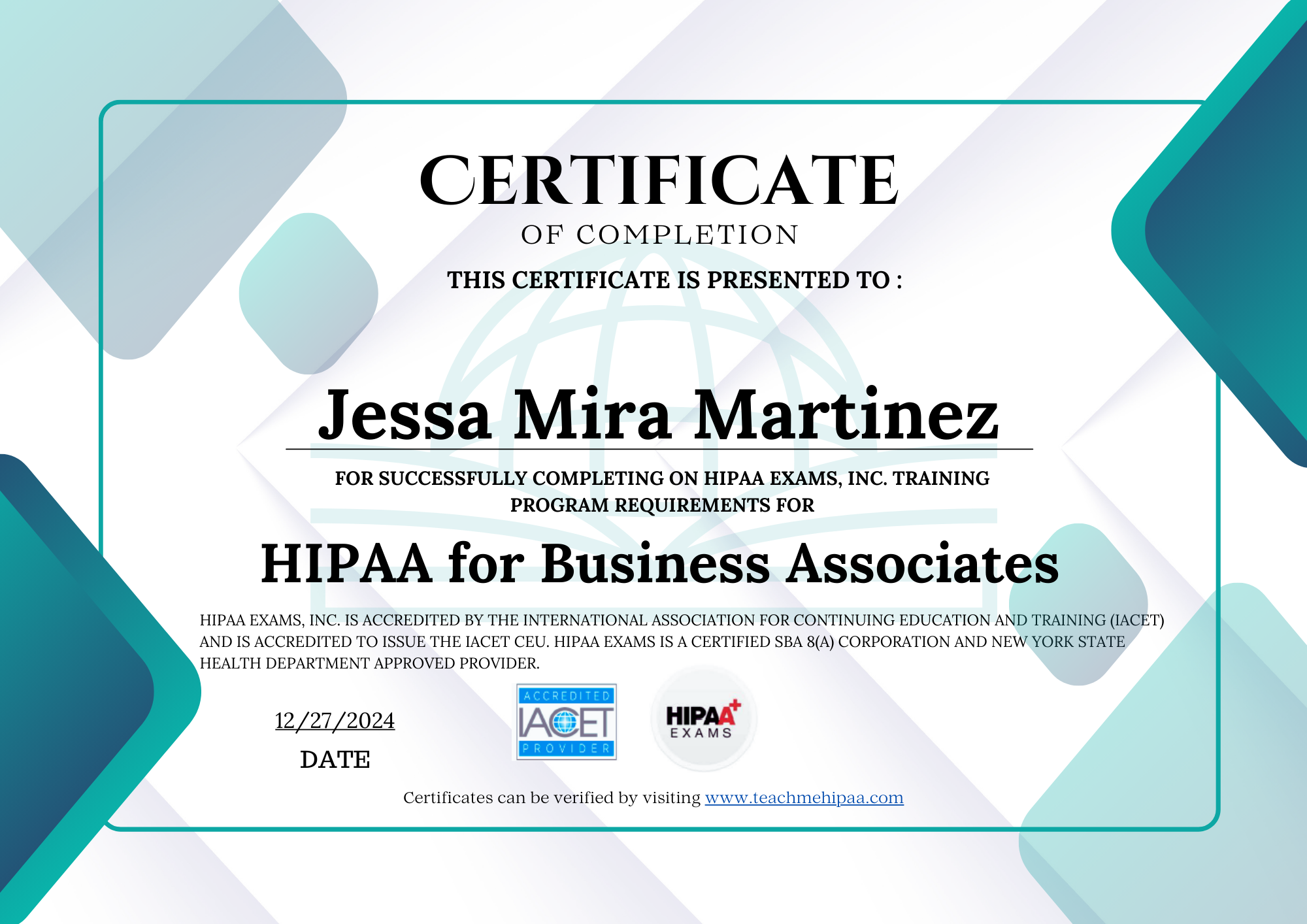 HIPAA Certificate