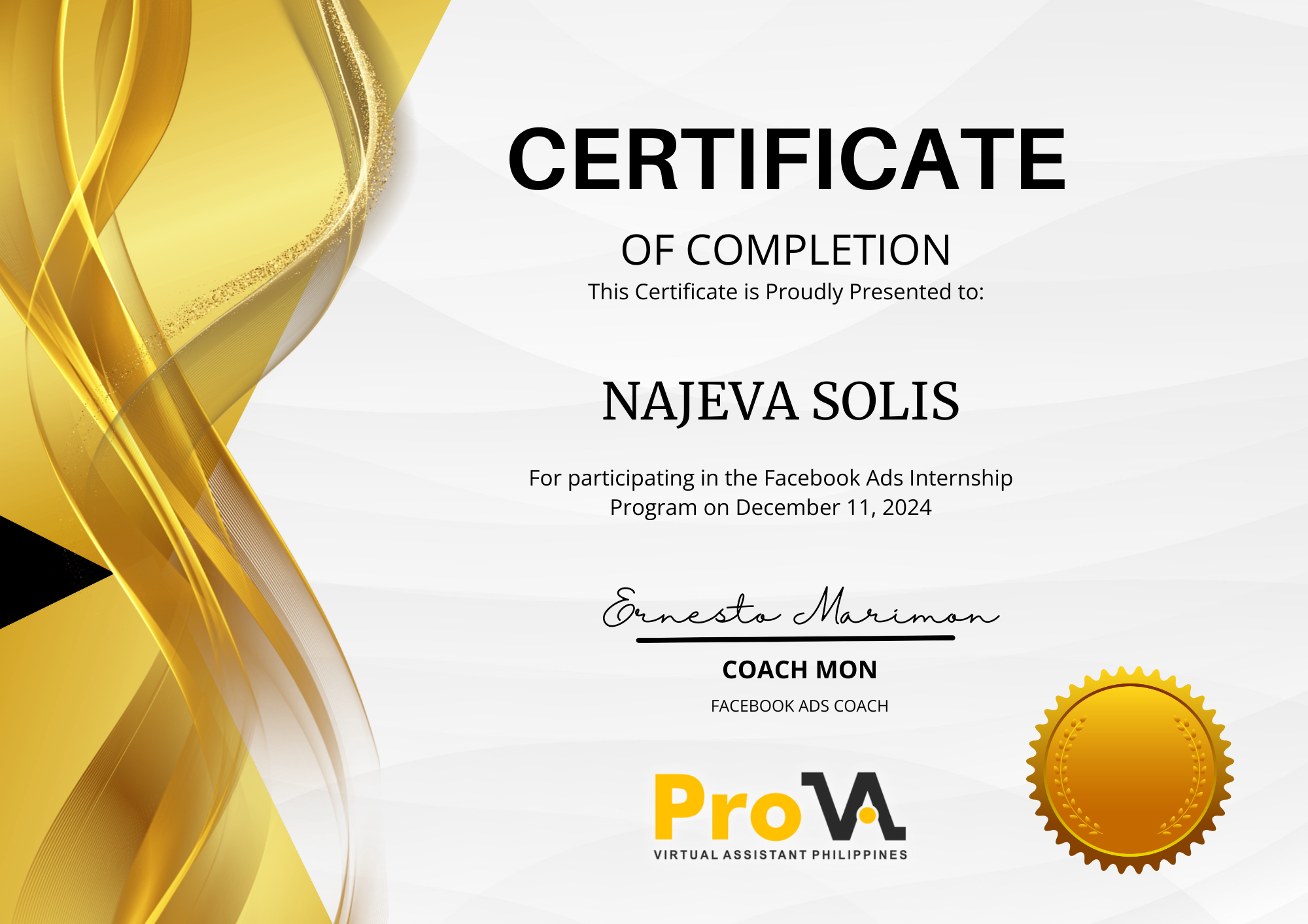 Facebook Ads Internship Program Certificate