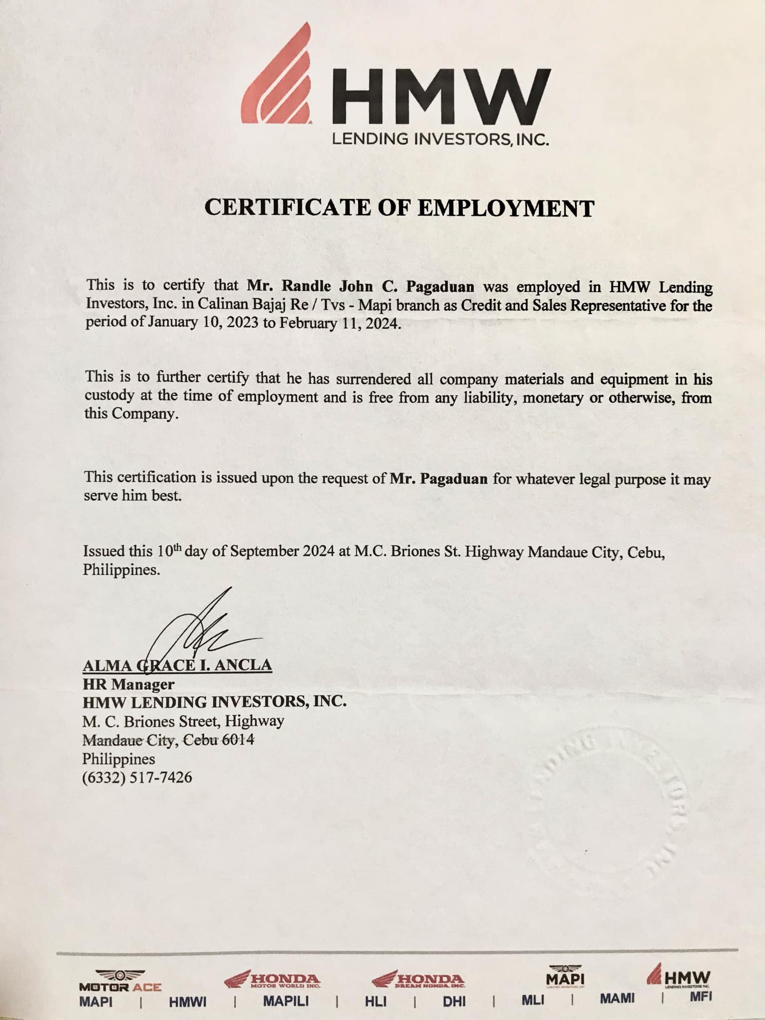 Certificate of Employment