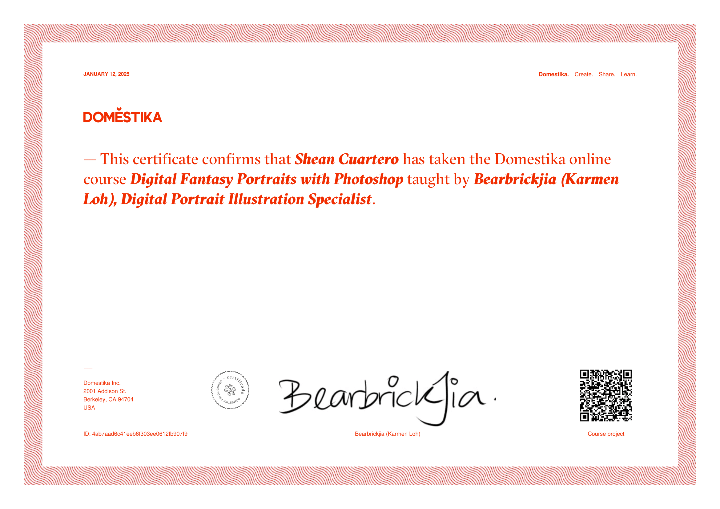 Certificate of Participation in Digital Fantasy Portraits with Photoshop Online Course