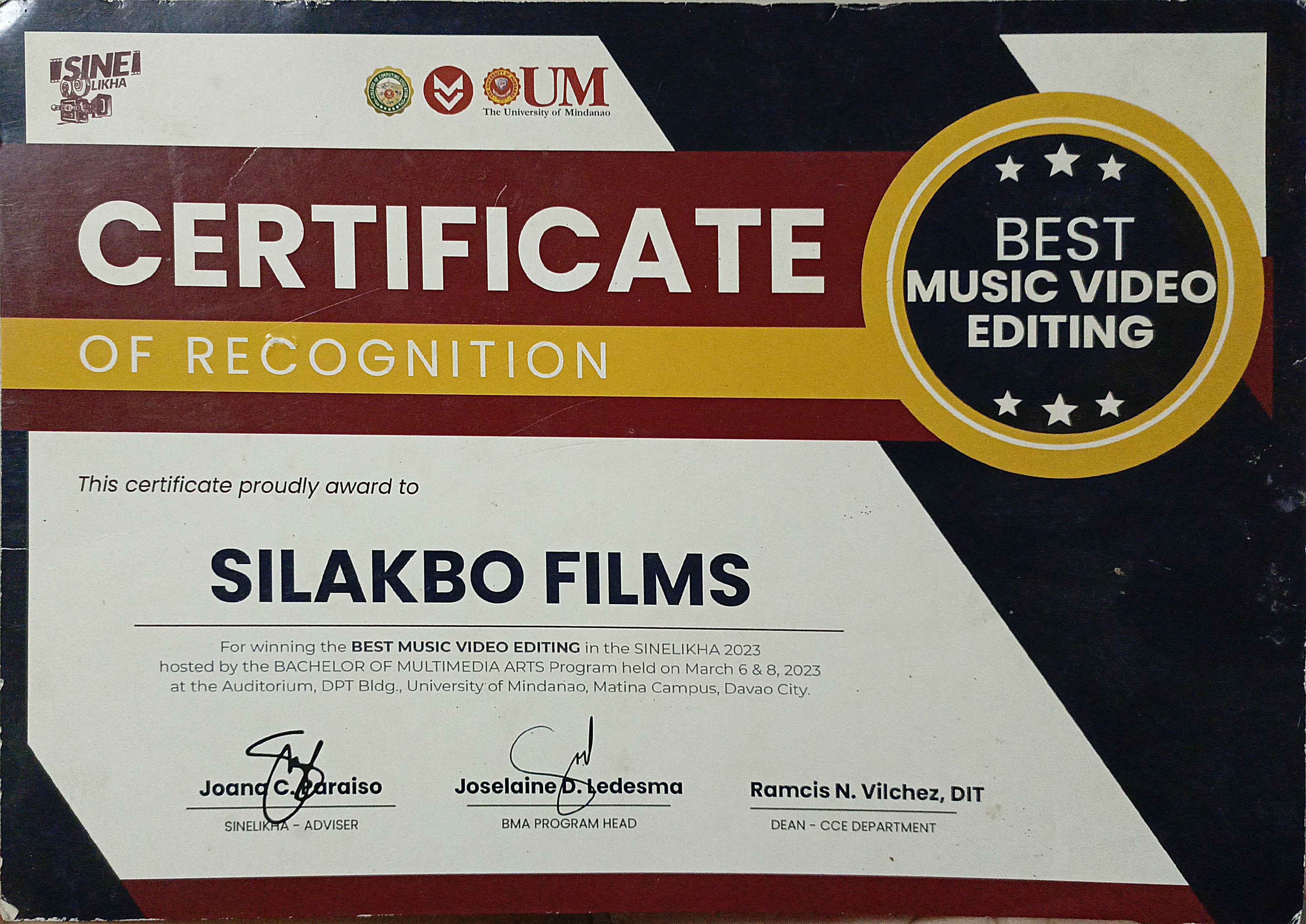 Certificate of Recognition in Best Music Video Editing