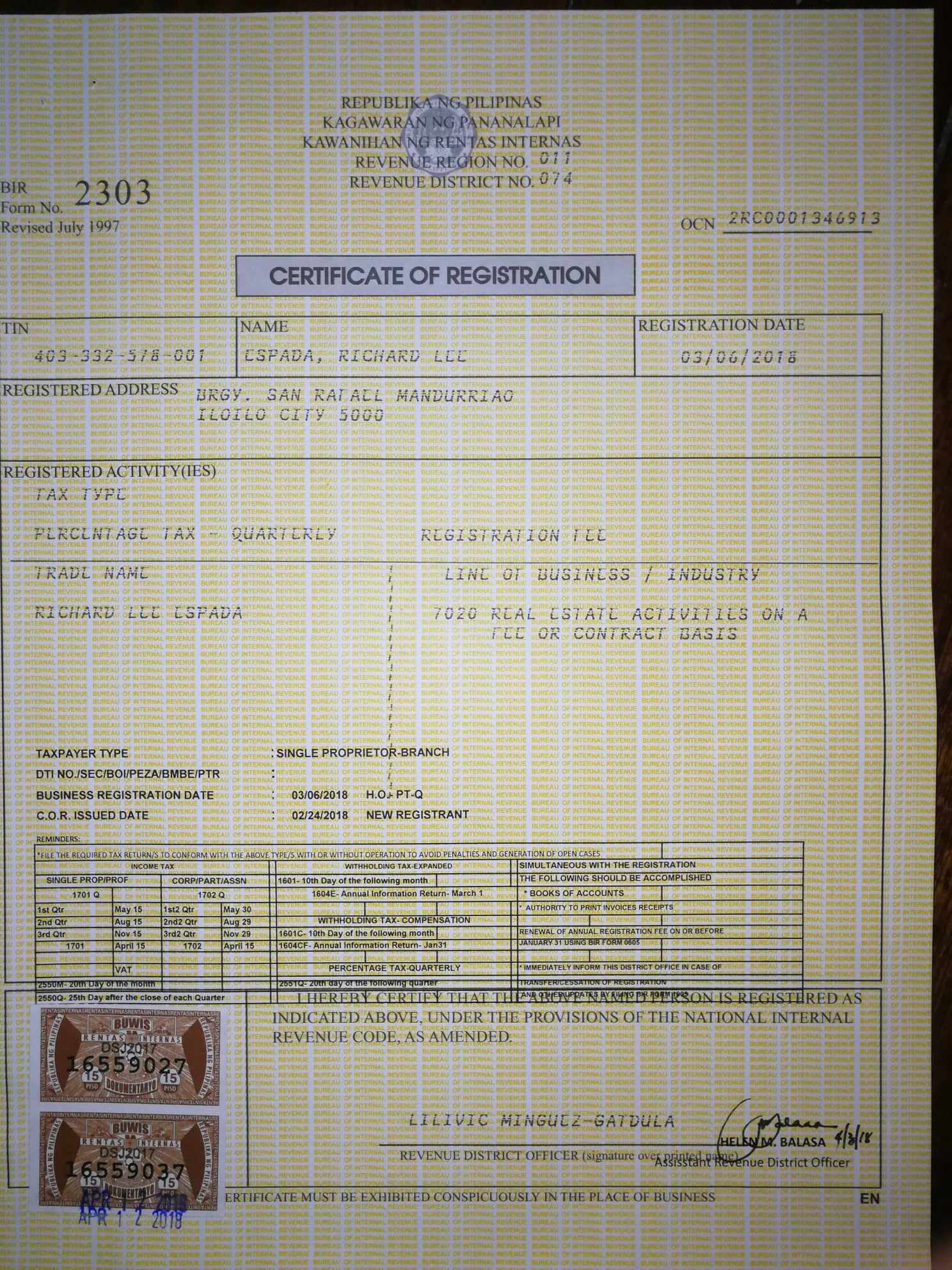 BIR Certificate of Registration as a salesperson in real estate