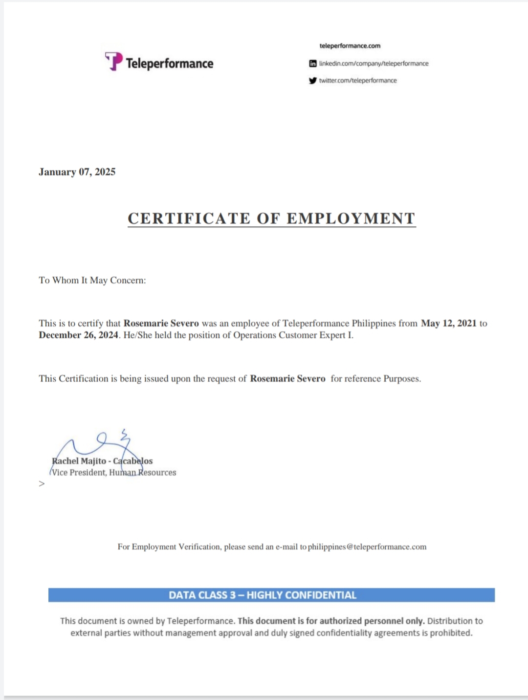 Certificate of Employment