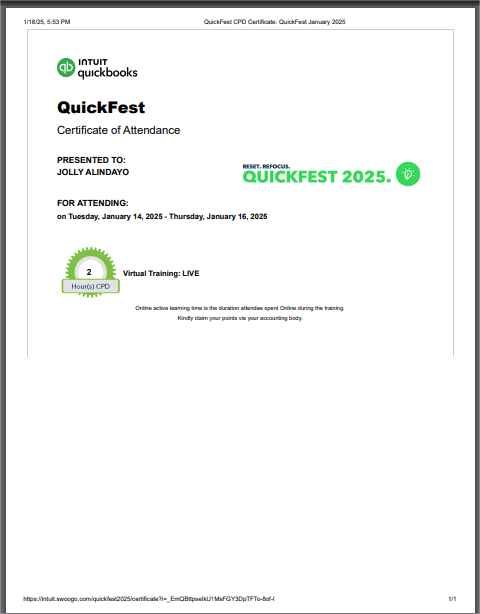 Quickbooks live training certificate