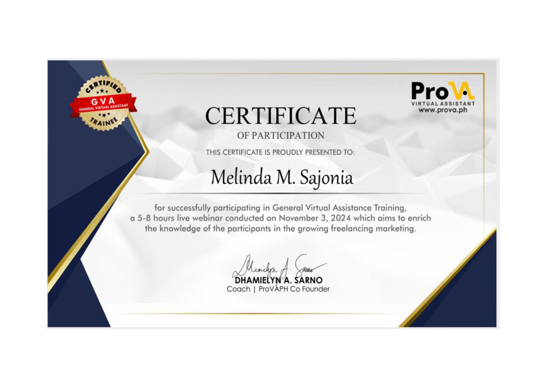Pro VA GVA Training Certificate