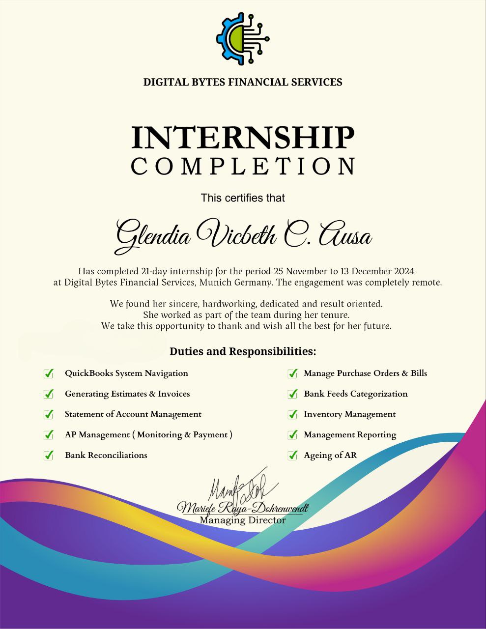 Online Bookkeeping Internship Certificate - Quickbooks