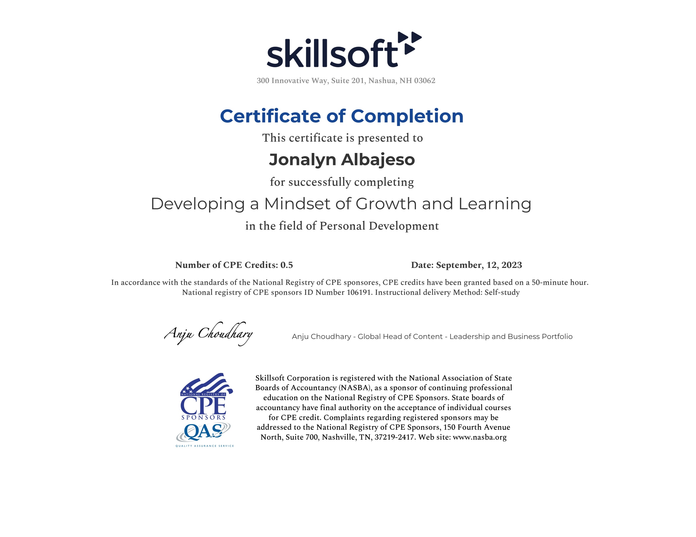 Developing a Mindset of Growth and Learning