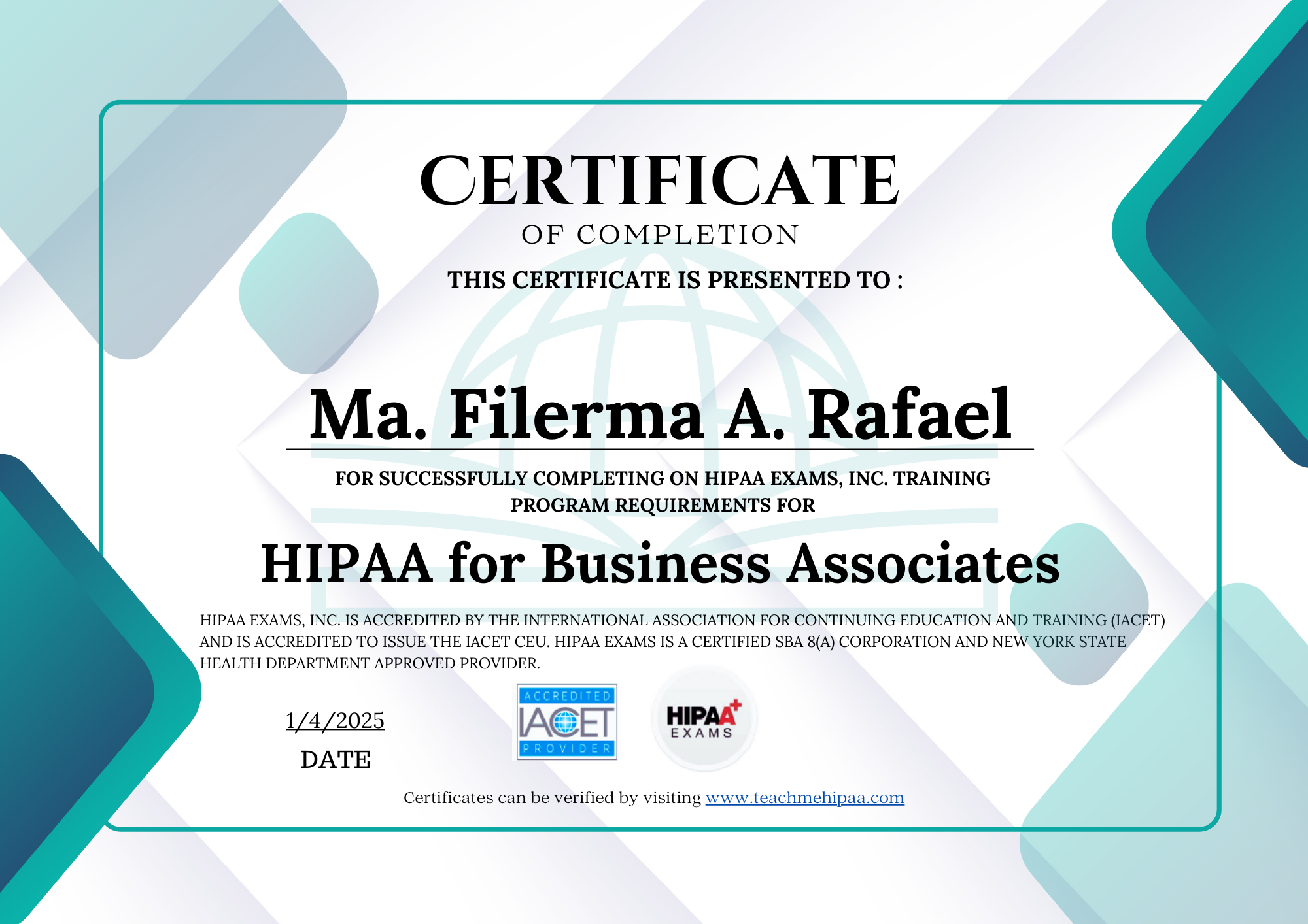 HIPAA Compliance Certificate