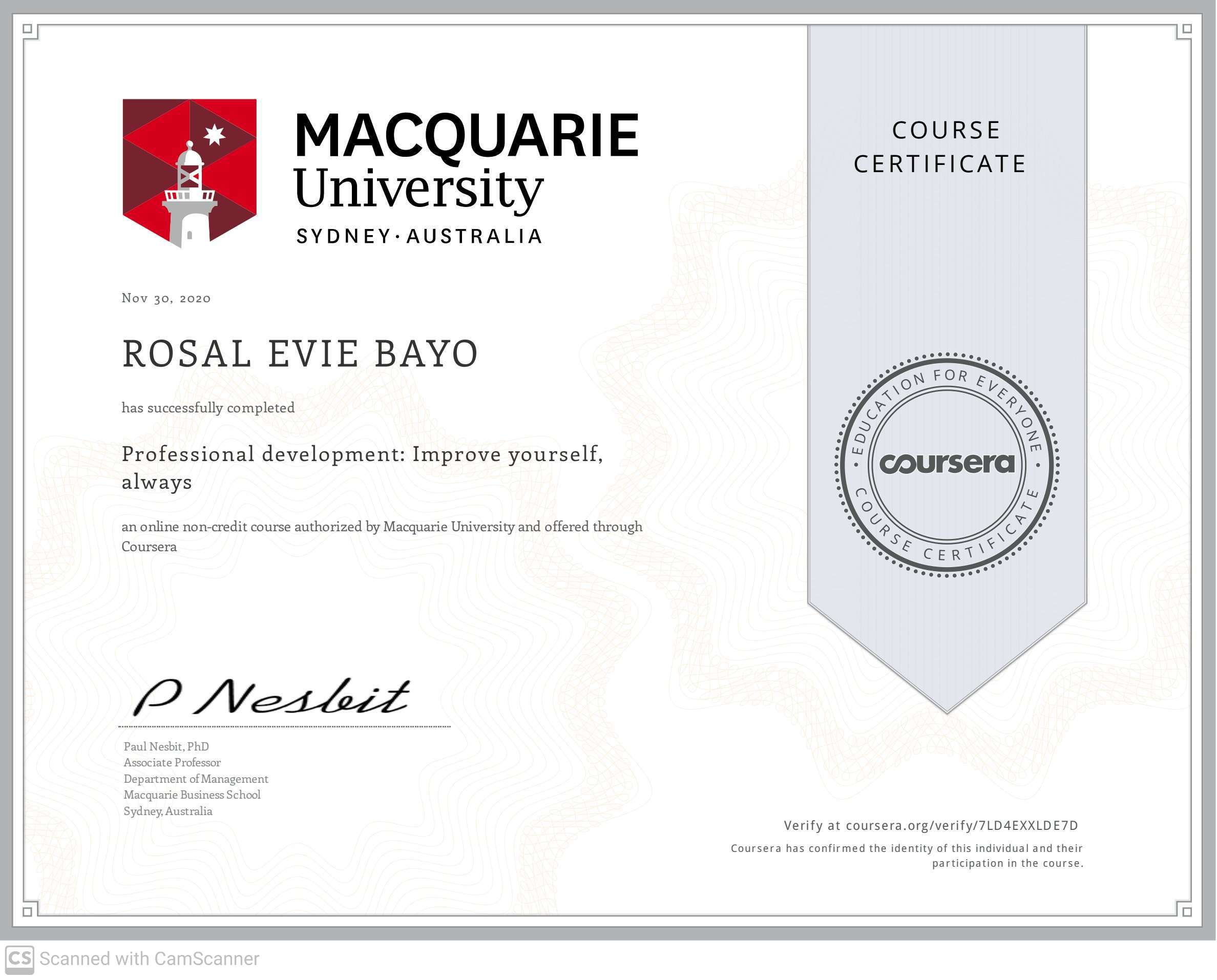 Prof. Development Certificate
