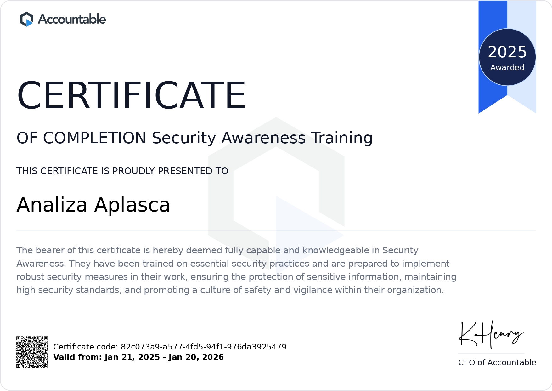 Security Awareness Training Certificate