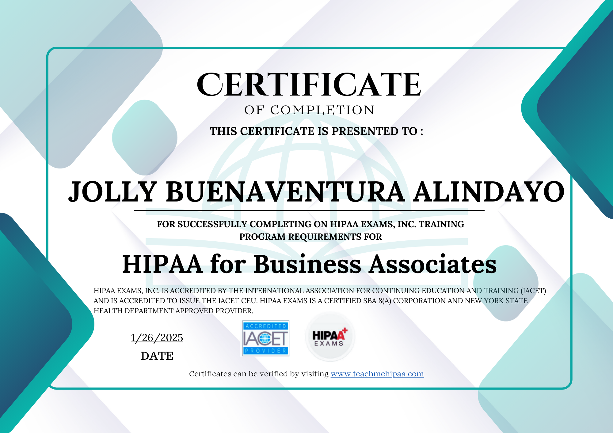 HIPAA CERTIFICATE OF COMPLETION