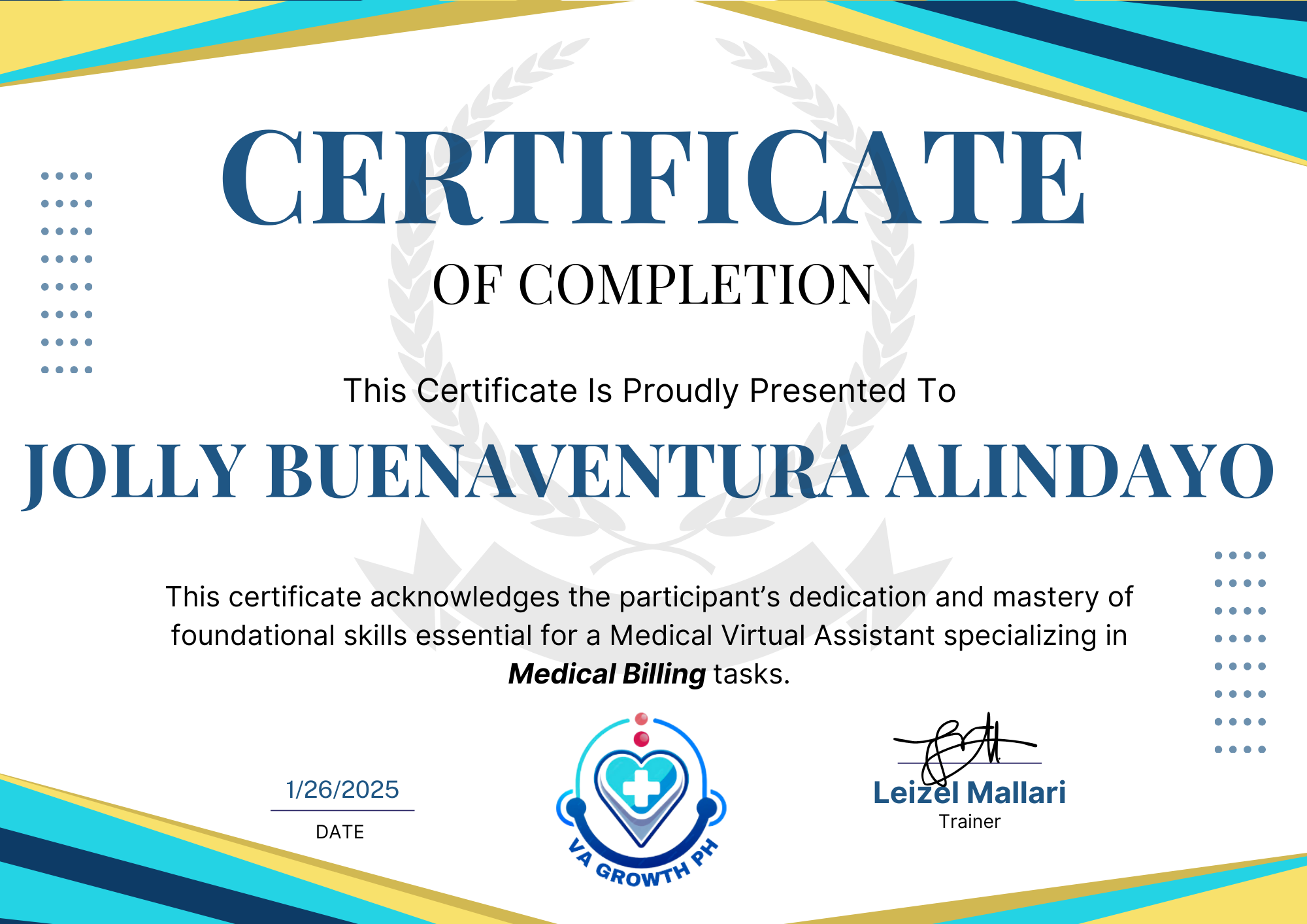 MED BILLING CERTIFICATE OF COMPLETION