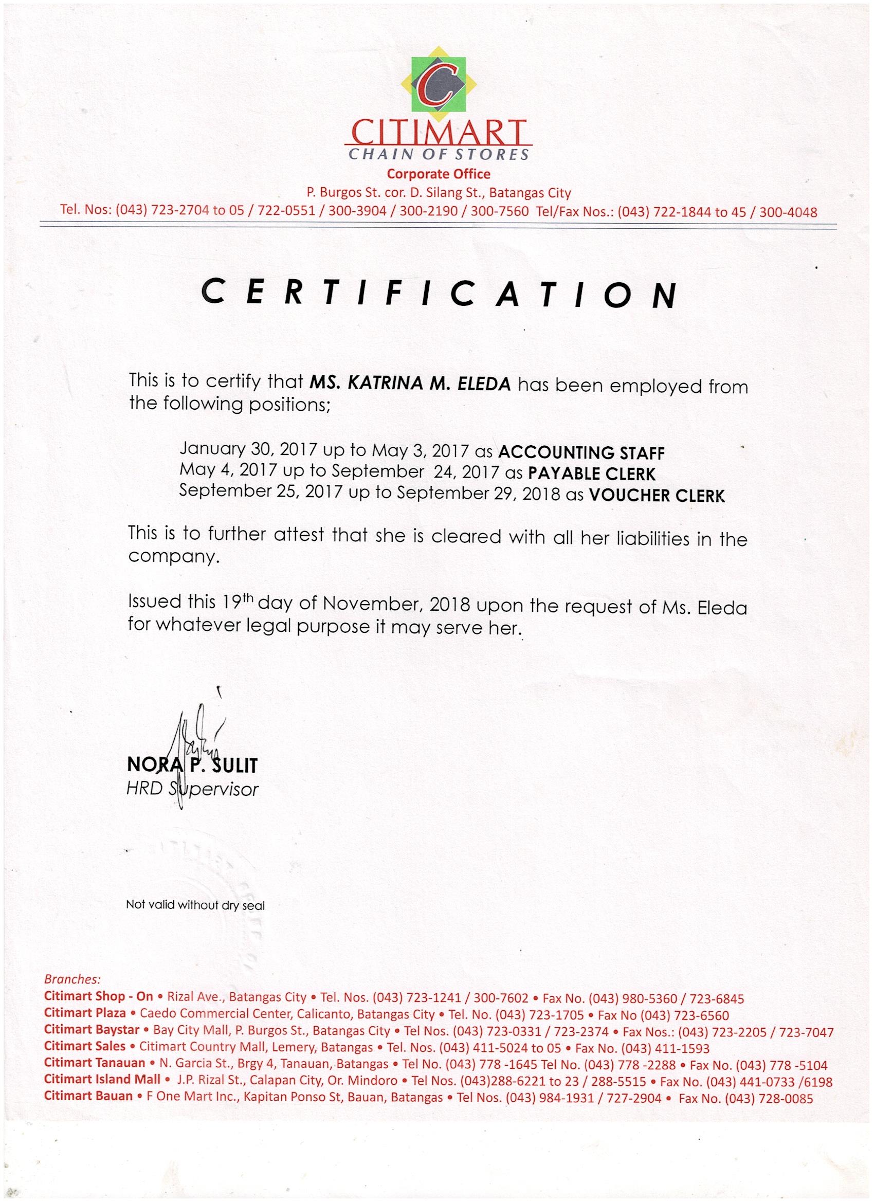 CERTIFICATE OF EMPLOYMENT CITIMART