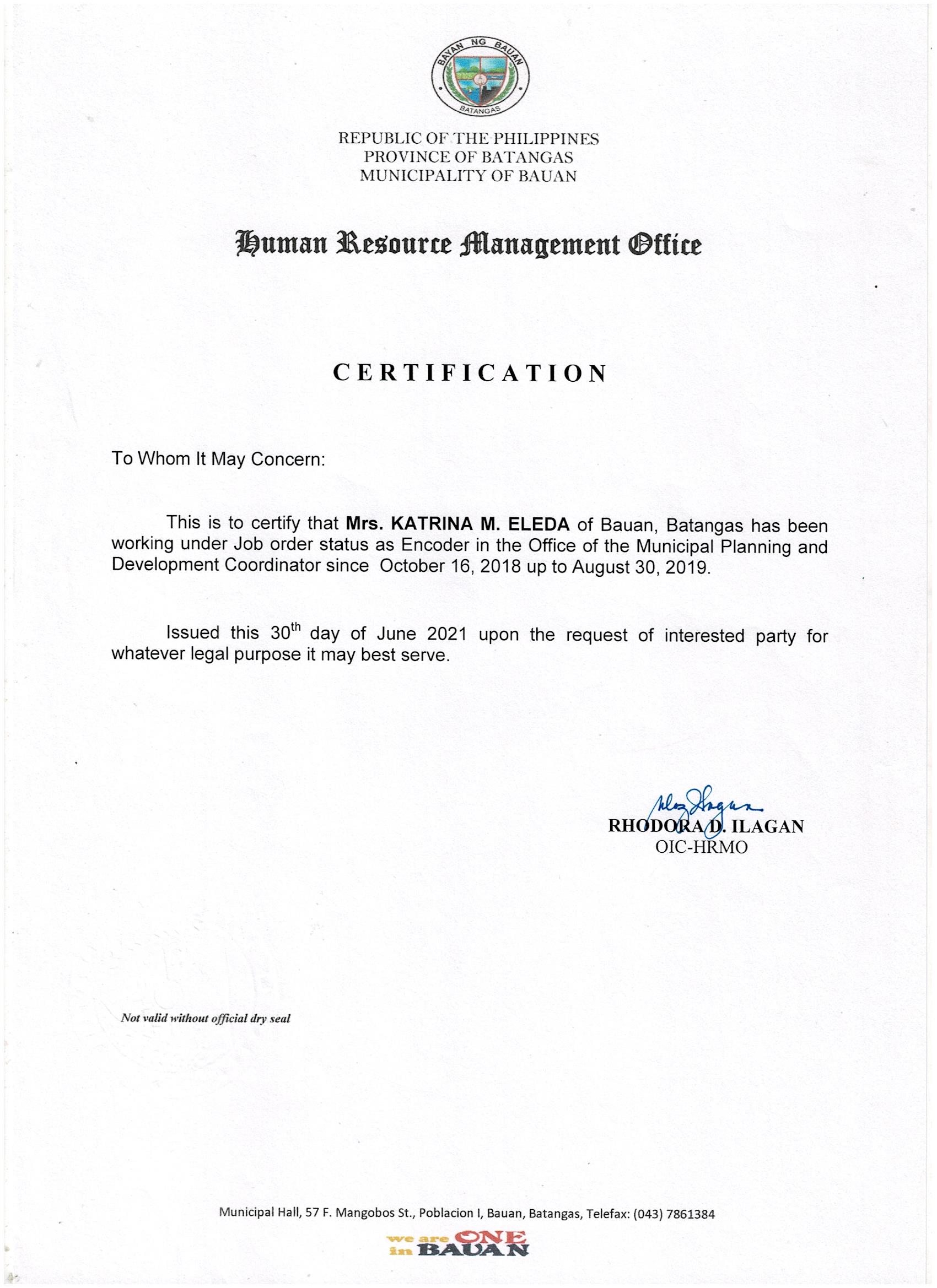 CERTIFICATE OF EMPLOYMENT BAUAN