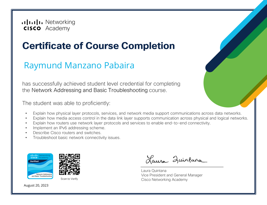 Network Addressing and Basic Troubleshooting Certificate | Cisco Networking Academy